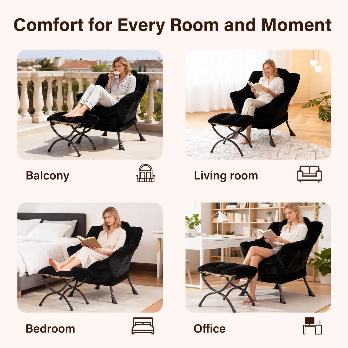 SESHINELL Lazy Chair with Ottoman, Modern Accent Chair Sofa Chair with Armrests, Reading Chair and Folding Footstool for Living Room, Bedroom, Office, Plush Black