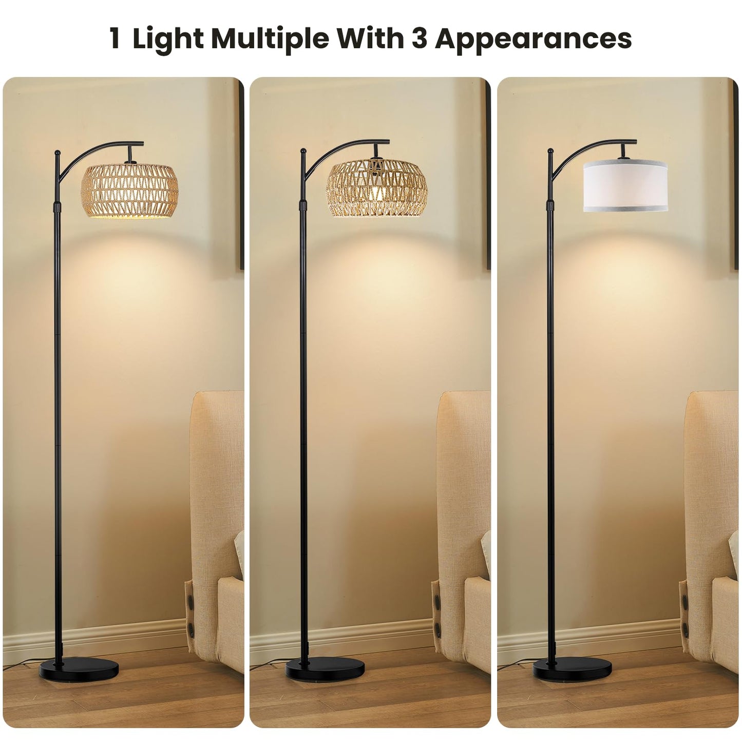 Yusist Arc Floor Lamp for Living Room,Farmhouse Floor Lamps with Remote Control & Dimmable Bulb, Boho Rattan Tall Standing Lamp for Bedroom Office