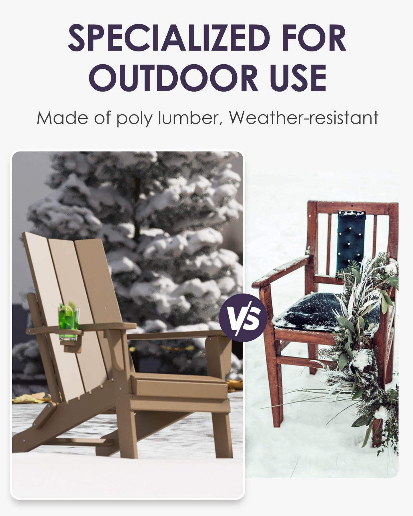 Adiromoti Folding Adirondack Chairs, All-Weather Resistant HDPE Patio Firepit Chairs, Sturdy Outside Chairs with Cup Holder, Pre-Installed Lawn Chairs Load Capacity 385lb, Weathered Wood