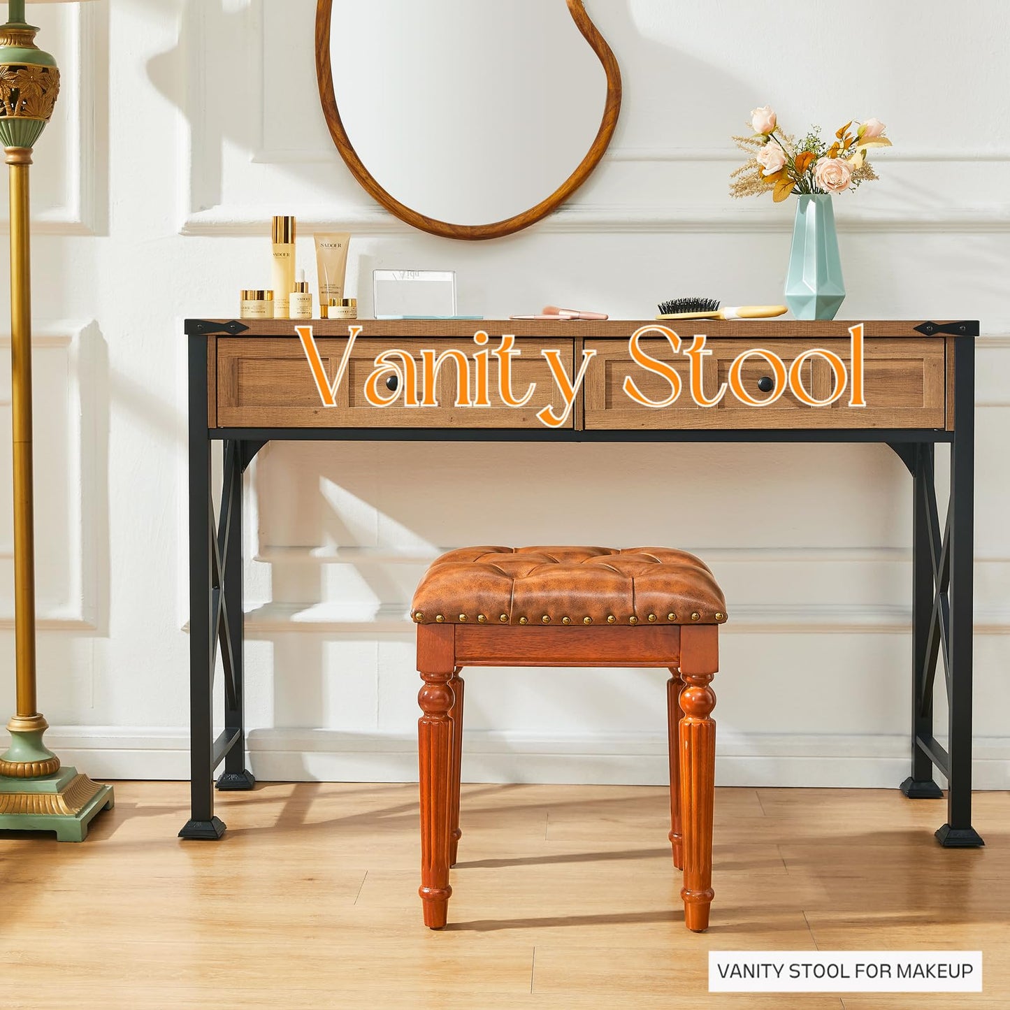 KUKEJCM Microfiber Leather Vanity Stool for Makeup,Solid Wood Carvied Vanity Bench Seat,Convertible Piano Stool and Dining Table Chair with Padded Ottoman,Classic Dressing Table Chair for Bedroom