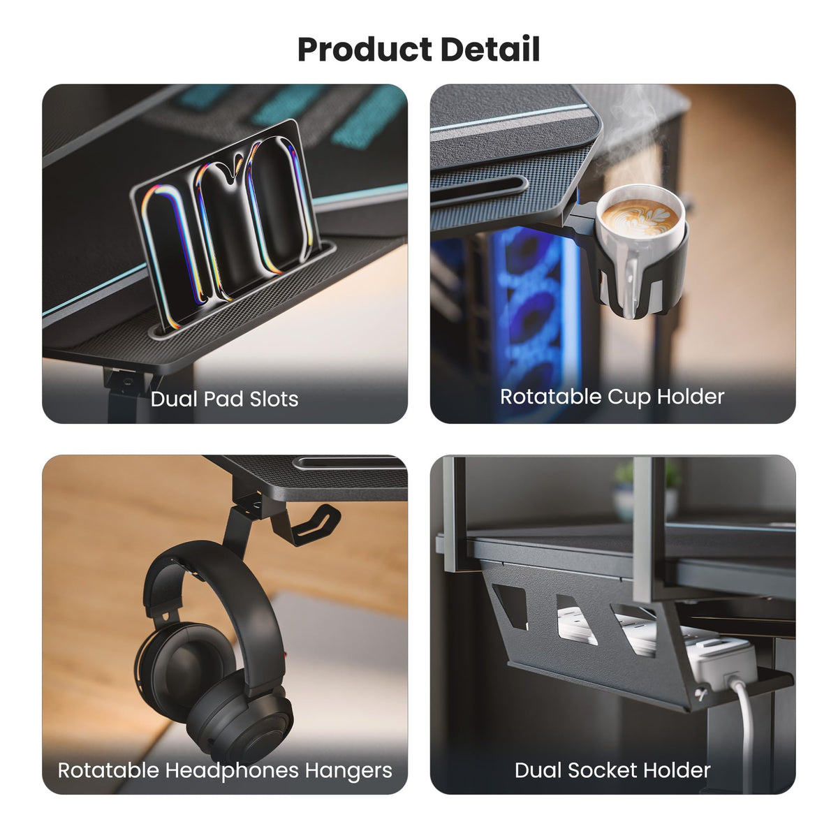 EUREKA ERGONOMIC Aero 72 Inch Gaming Desk with Keyboard Tray, Large Computer Desk Led Lights, Wing-Shaped Monitor Stand Dual Headphone Hanger Cup Holder for Studio,Streamer,Live,Black