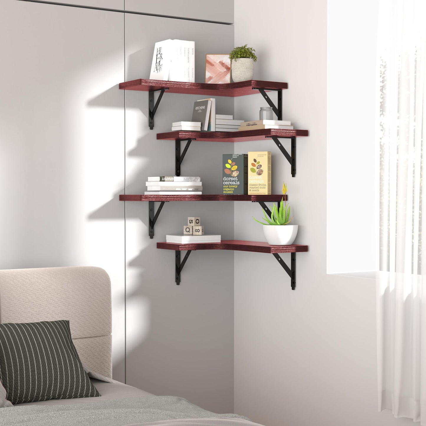 ROMGUAR CRAFT Corner Floating Shelves Wall Mounted Set of 4, Rustic Wood Storage Display Shelves for Home Decor, Bathroom, Kitchen, Bedroom, Living Room, Office (Red)
