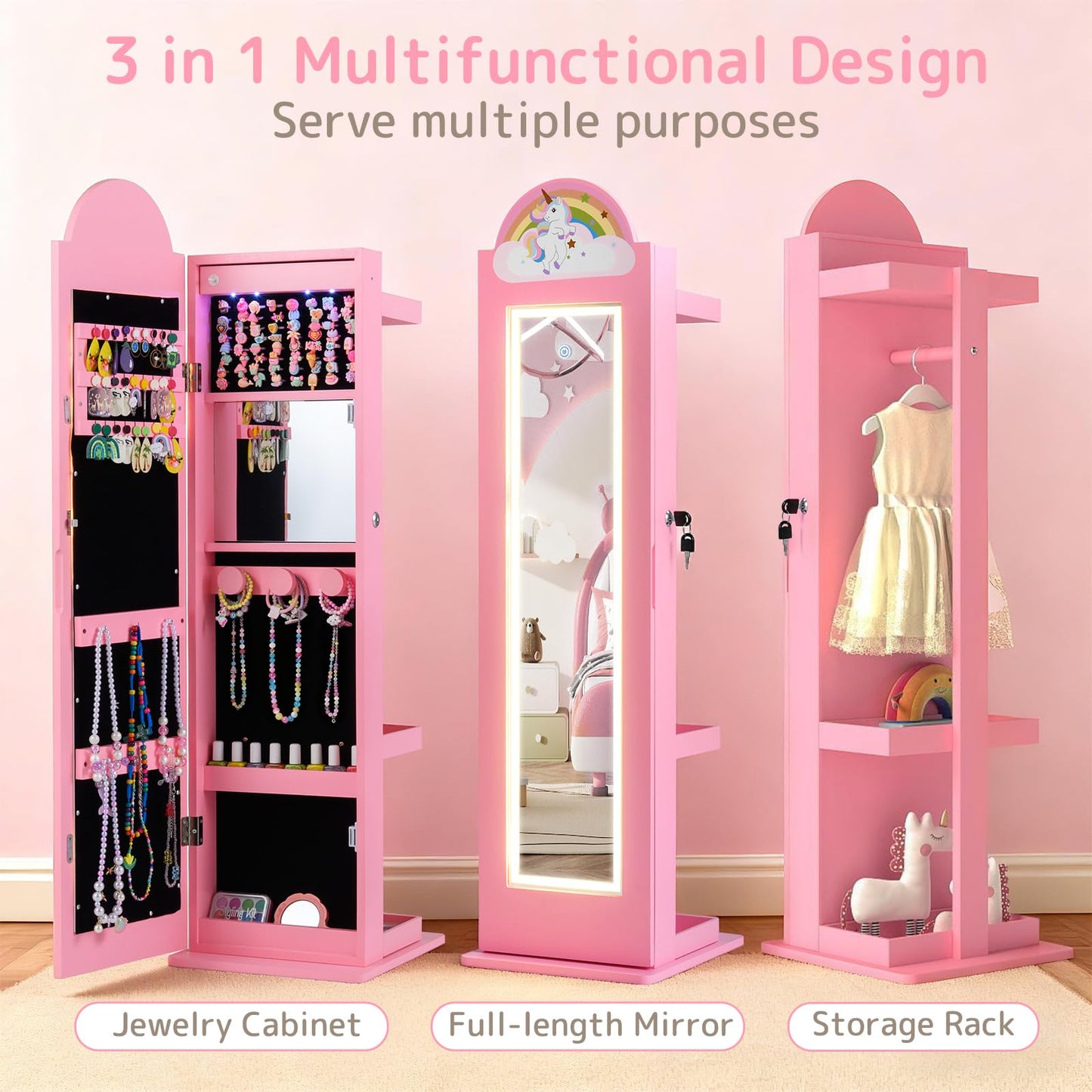 INFANS Kids Jewelry Armoire Cabinet with LED Lights, Lockable Standing Organizer with Full-length Mirror, Unicorn Theme Children Vanity Dress Up Storage Rack for Girls
