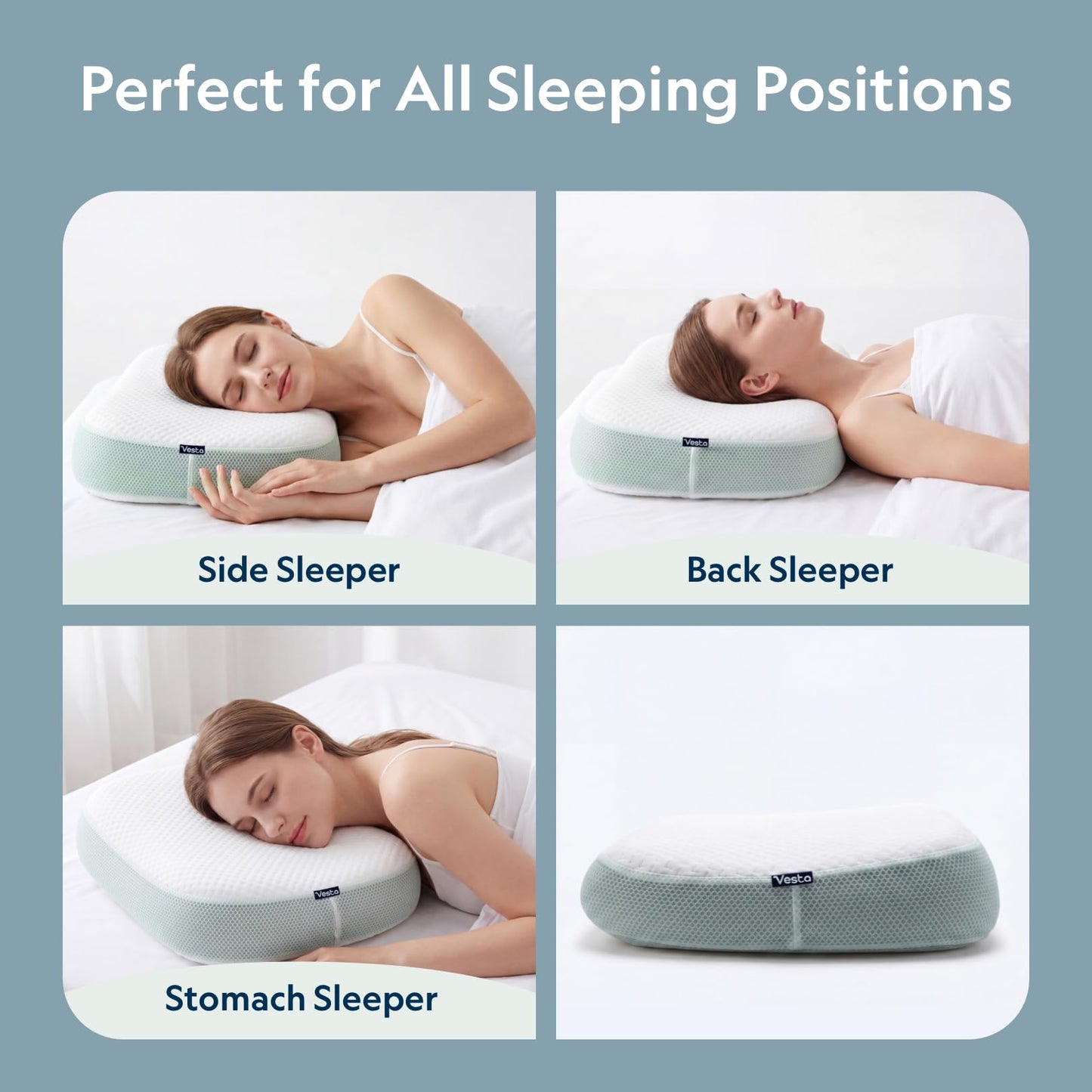 Vesta MintZen Silicone Foam Pillow, Wave Shape for Shoulder & Neck Support, Ideal for Back, Stomach, and Combo Sleepers, Washable Cooling Cover, Medium Profile (3-3.5" Height)