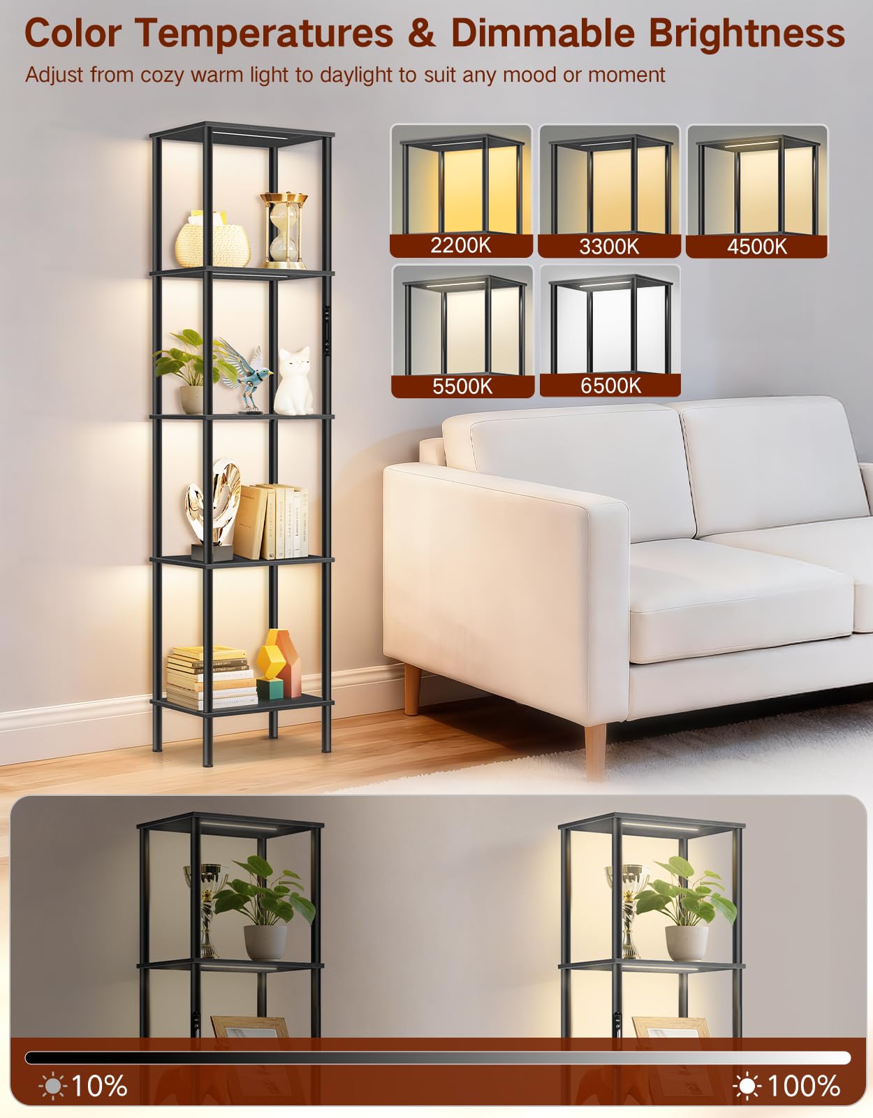 OUTONLIFE 5 Tier Display Shelves with RGB Lights, Display Cabinet with Touch & APP & Remote Control, Dimmable Bookshelf with Music Sync, Adjustable Color Lighting for Living Room, Bedroom(Black)
