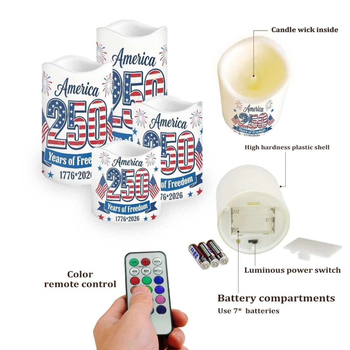 Uorisanigo 250 Years of Freedom Patriotic Flameless Candles Set of 4 American Flag Blad Eagle LED Battery Operated Candles Red White Blue Fake Electric Candles Holiday Party Patio Celebration Accents