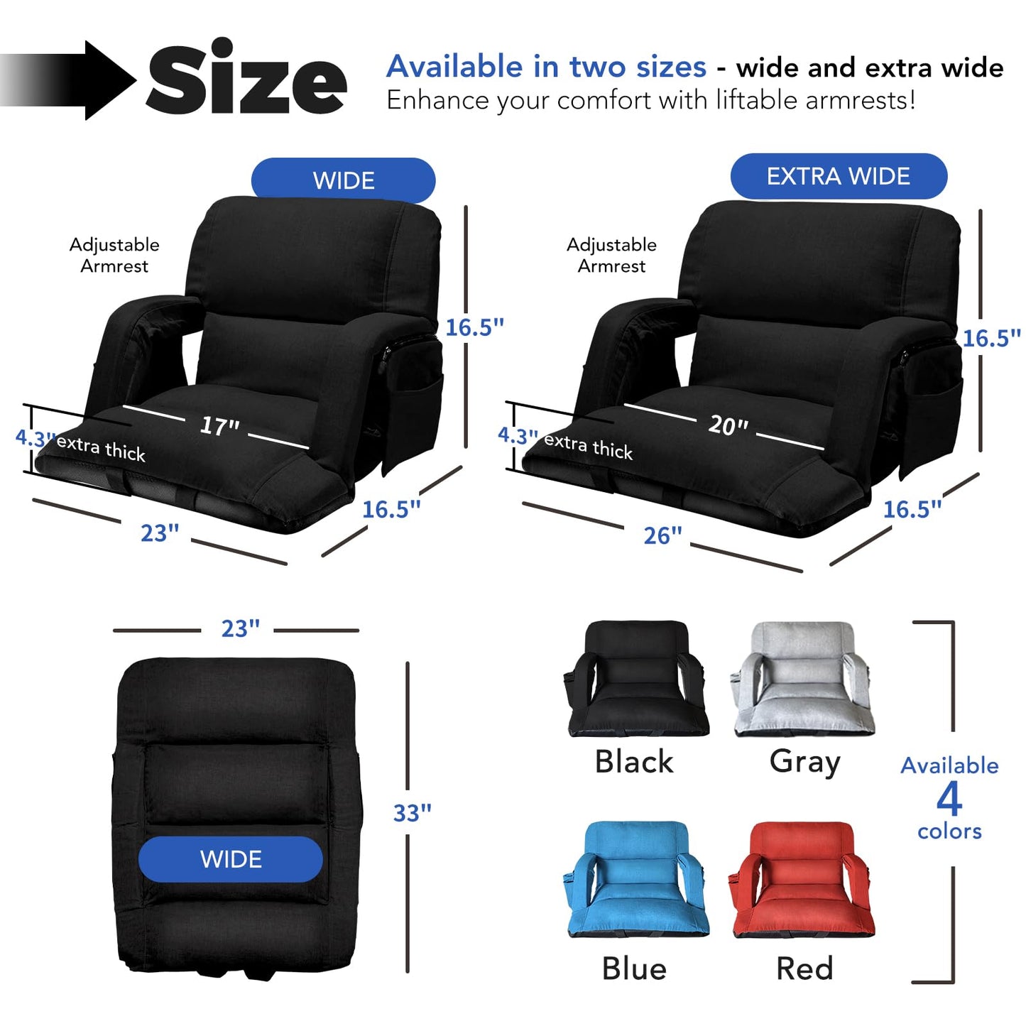Wide Stadium Seats With Back Support, Exclusive "Sofa Style" Design Extra Thick Bleacher Chairs With Back and Cushion, 6 Reclining Positions - Ultimate Comfort for Sports Events (Black, 22.5")
