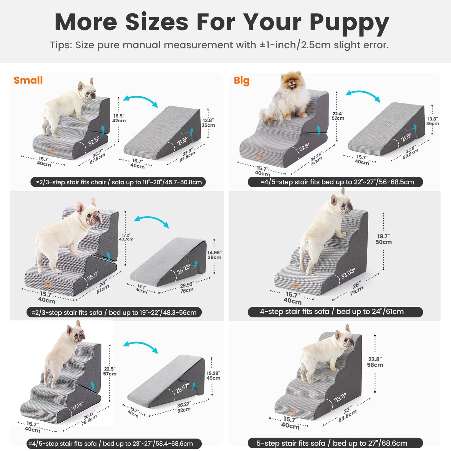 Gardner Pet Dog Stairs for Small Dogs 16.5" H, 2 in 1 Transformable 3-Step Pet Stairs and ramp, Dog Steps for Couch (13-20 in) with Durable Non-Slip Waterproof Cover and CertiPUR-US Certified Foam