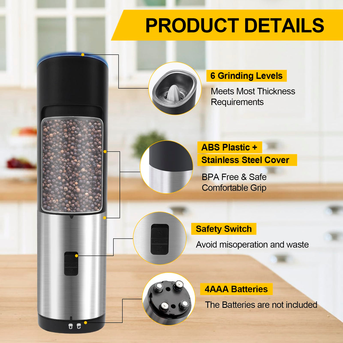 Asdmuchin Gravity Electric Salt and Pepper Grinder Set, Automatic Battery Pepper Mill Grinder, Large Capacity, Adjustable Coarseness, Stainless Steel, LED Light