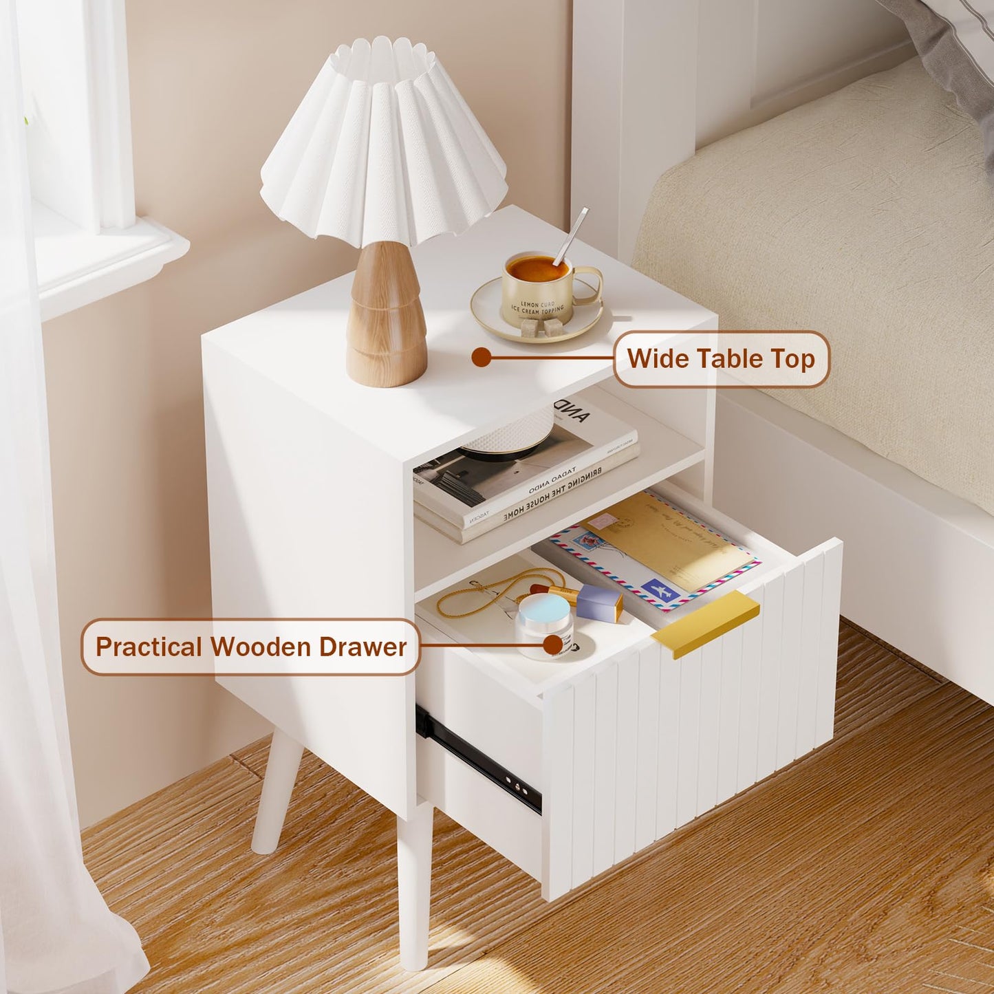 Aenuert Nightstand, 2-Tier Night Stand with Drawer, Wooden Bedside Table for Bedroom Study Room Small Spaces, White