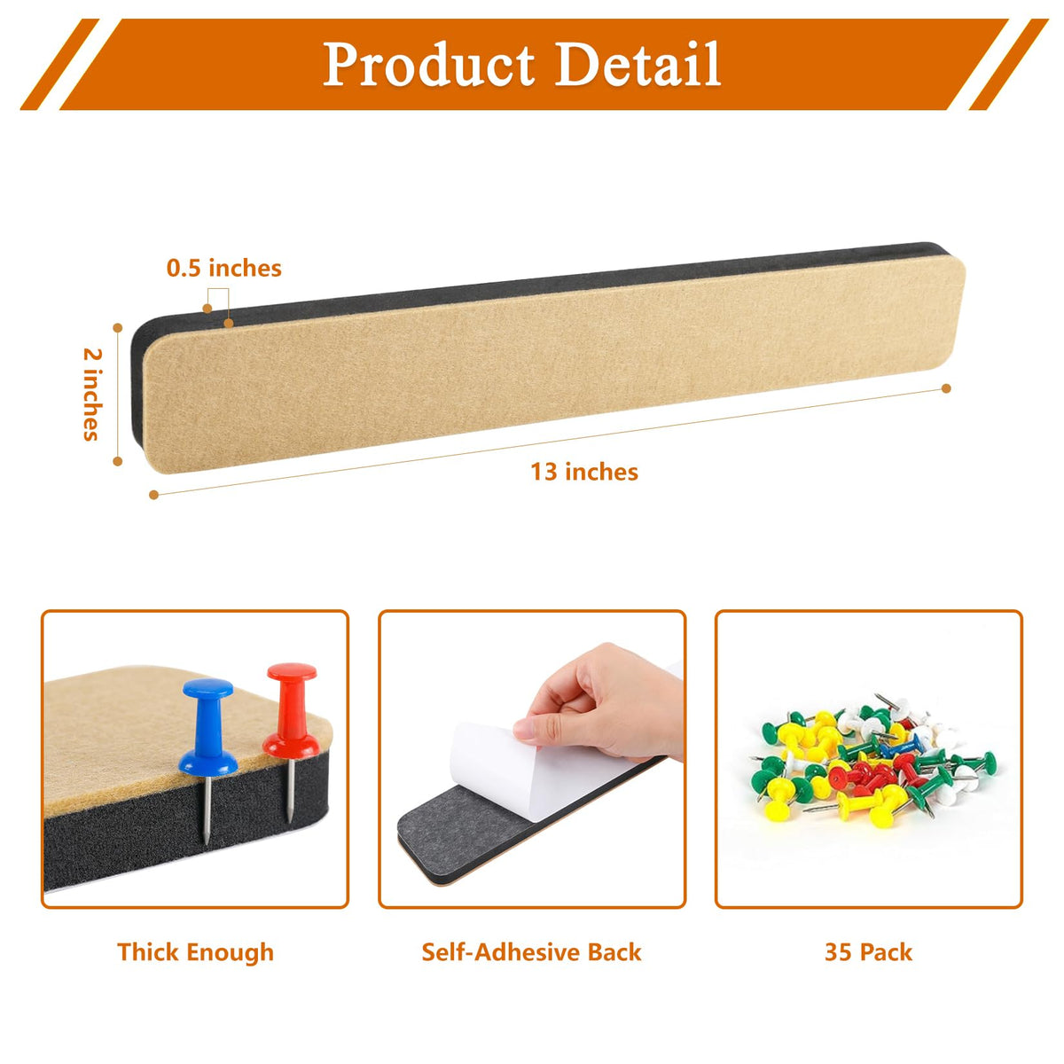 HULAVO 8Pcs Rectangle Felt Cork Board Bar Strips with 35 Pushpins, Self-Adhesive Bulletin Board Strips for Office School Home Wall Decor Stickers Memos Schedules Photos Display -Gradual Blue