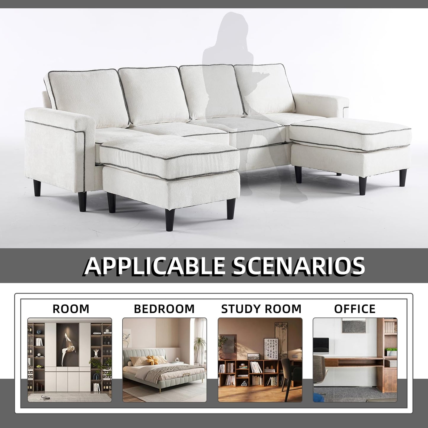 Cloud Couch - Luxurious White Chenille Fabric 102.36Inch U-Shaped Sectional Sofa for Living Room, Small Spaces, and Modern Homes - High-Density Sponge, 1000 lbs Weight Capacity (White)