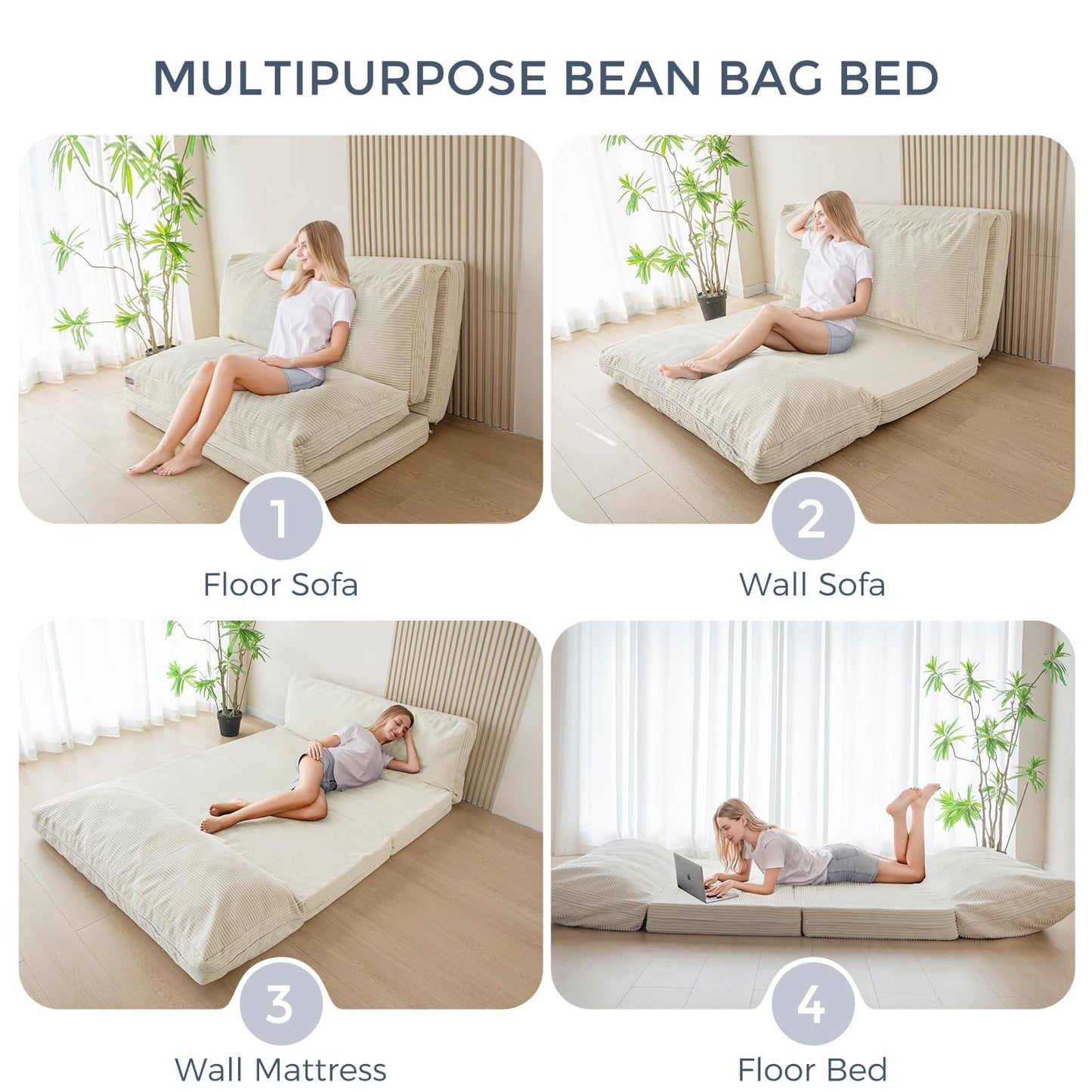 MAXYOYO Folding Sofa Bed, Floor Sofa Convertible Chair with Washable Cover, Floor Couch Lounge Bean Bag Chair Bed for Living Room, Beige, 30x91 Inch