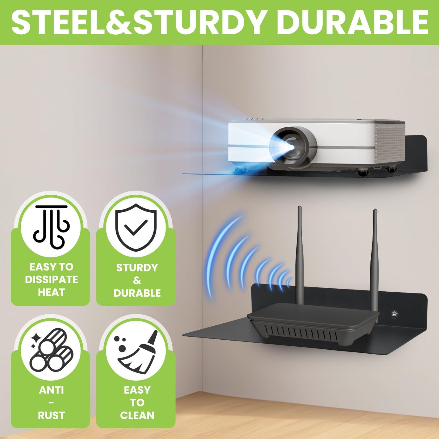 MZDMY Steel Floating Shelves for Wall,Small Wall Shelf，Suitable for Bedroom, Living Room, Bathroom, Kitchen, Office (Black, 2Pack 9.06x6.89 in)
