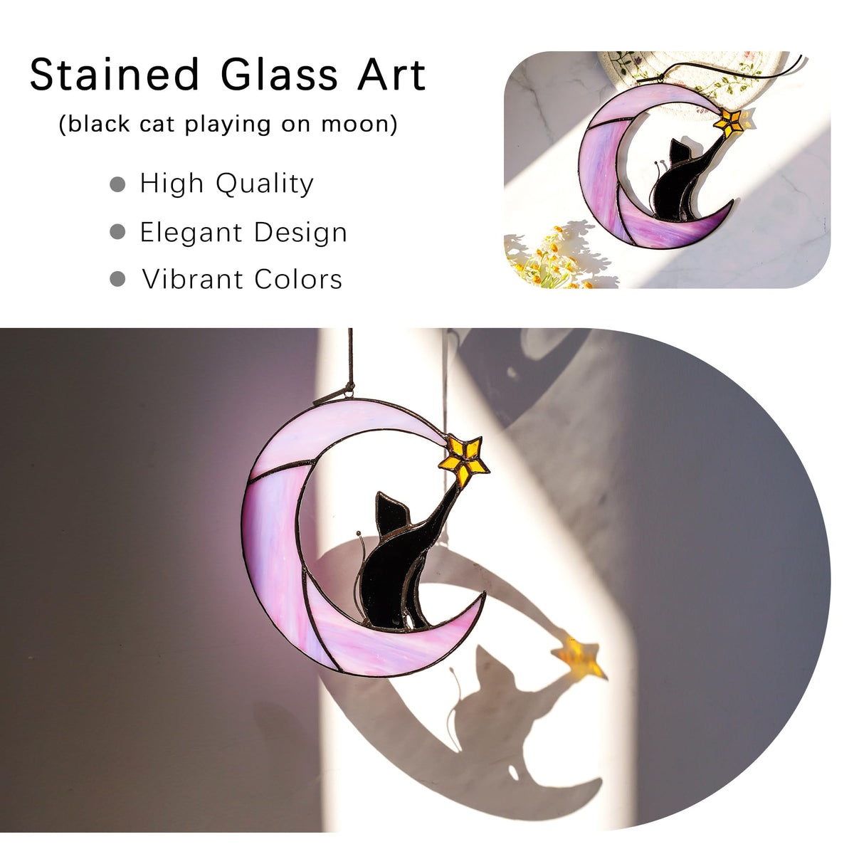 HDCRYSTALGIFTS 6.5'' Black Cat Decor on Purple Moon Stained Glass Window Hanging Suncatcher,Wall Art Glass Window Panel Sun Catcher,Halloween Decoration Memorial Gift for Lover Cat Loss