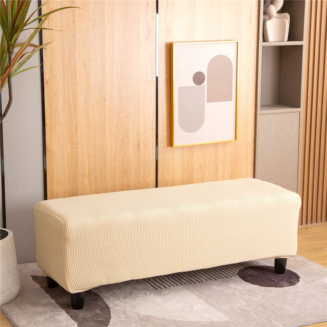 Cornasee Stretch Ottoman Cover Rectangle,Footstool Slipcover Storage Stool Furniture Protector Modern Style (Beige,X-Large)