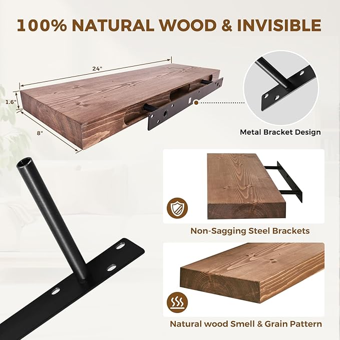 24x8x1.6 inch Floating Shelves Set of 2 – Solid Wood Rustic Brown Wall Mounted
