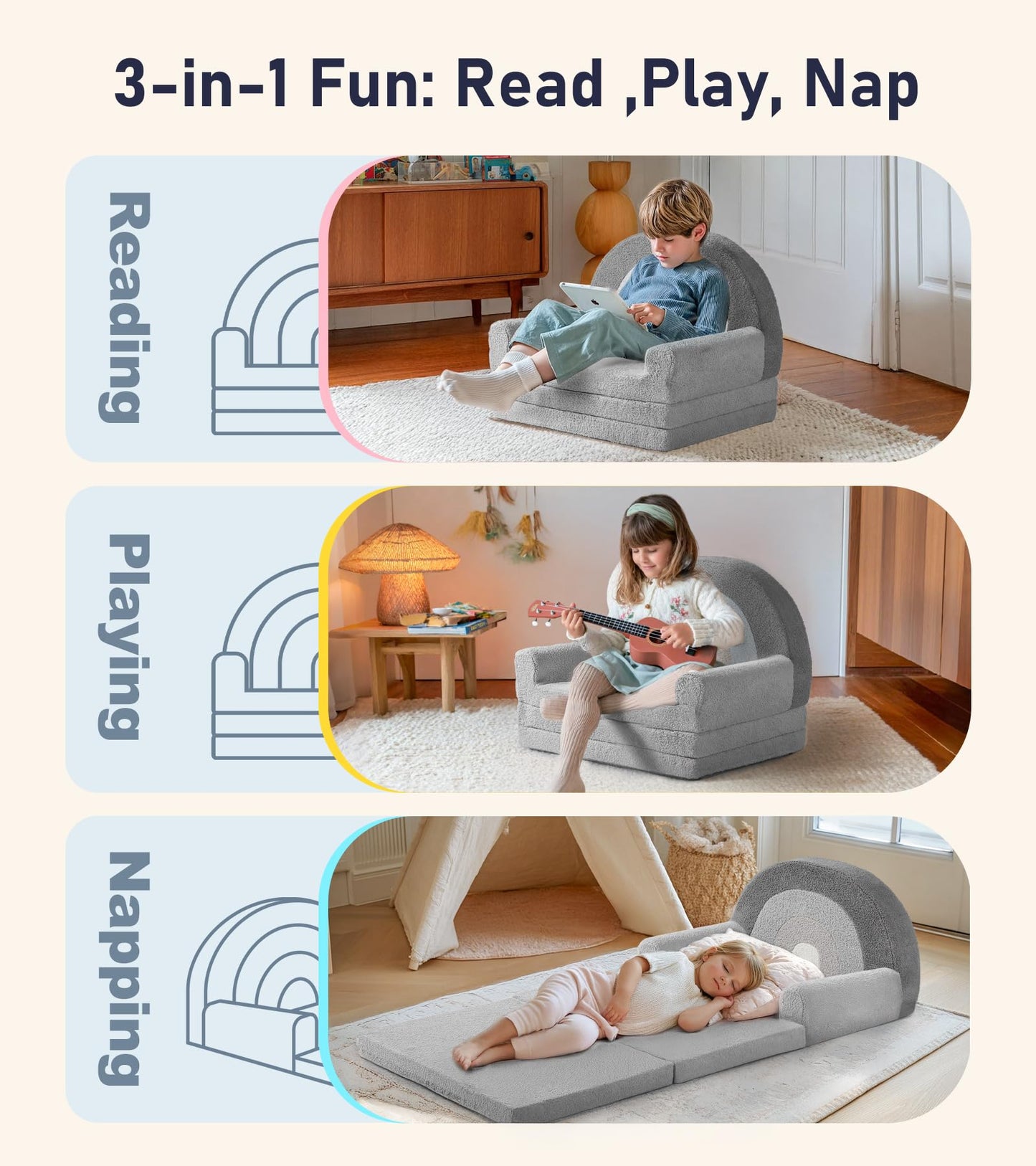 little dove Extra Wide Soft Kids Couch Fold Out, 2-in-1 Kids Couch, Convertible Kid Sofa, Kid Furniture for Playroom, Ideal Gifts for Boys & Girls Ages 3+, Gray