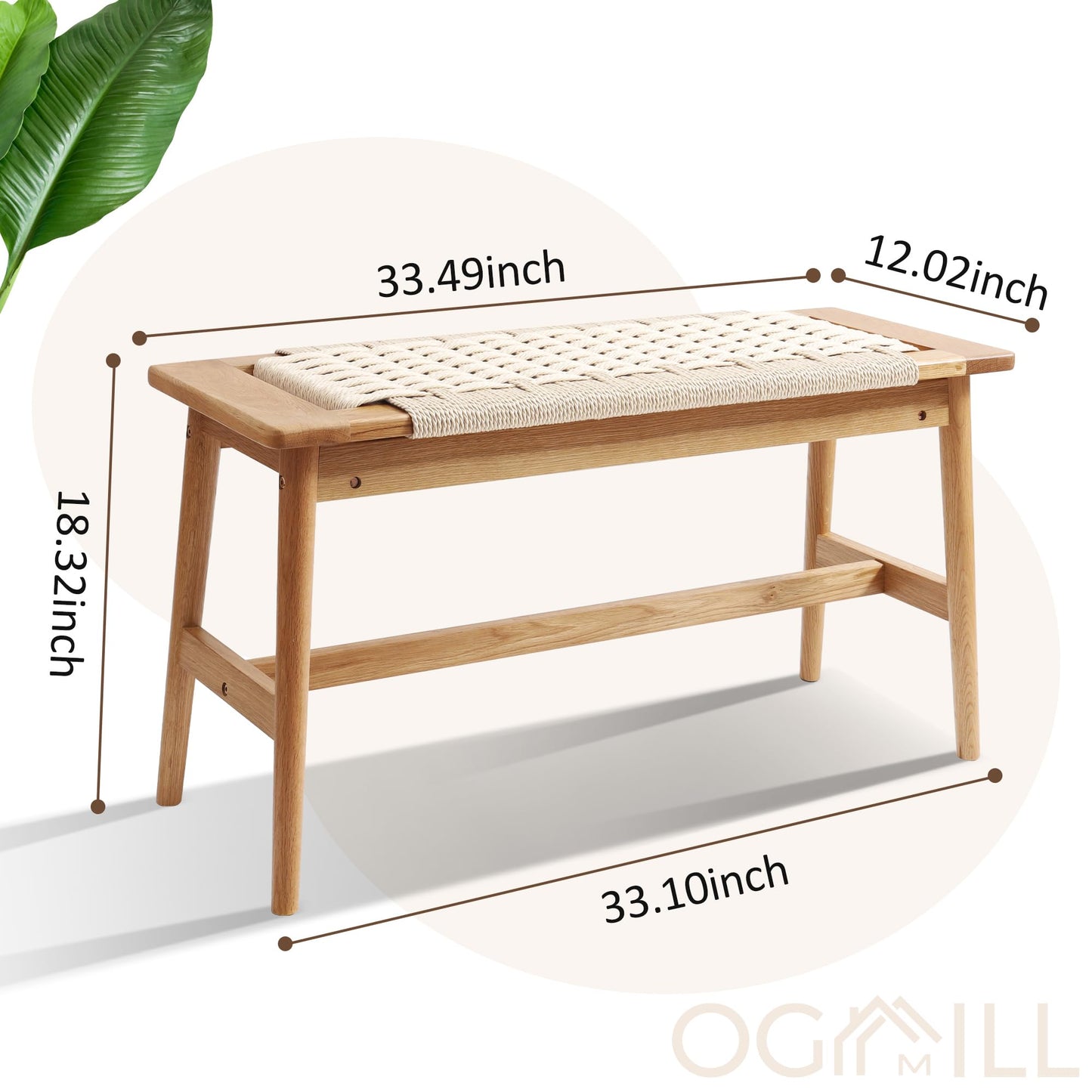 OGMILL 33.5" L Wood Dining Bench Indoor, 100% Natural Solid Oak Bed Bench Hand Woven Enterway Bench Small Bench for Dining Room, Bedroom, Kitchen (Creamy White)