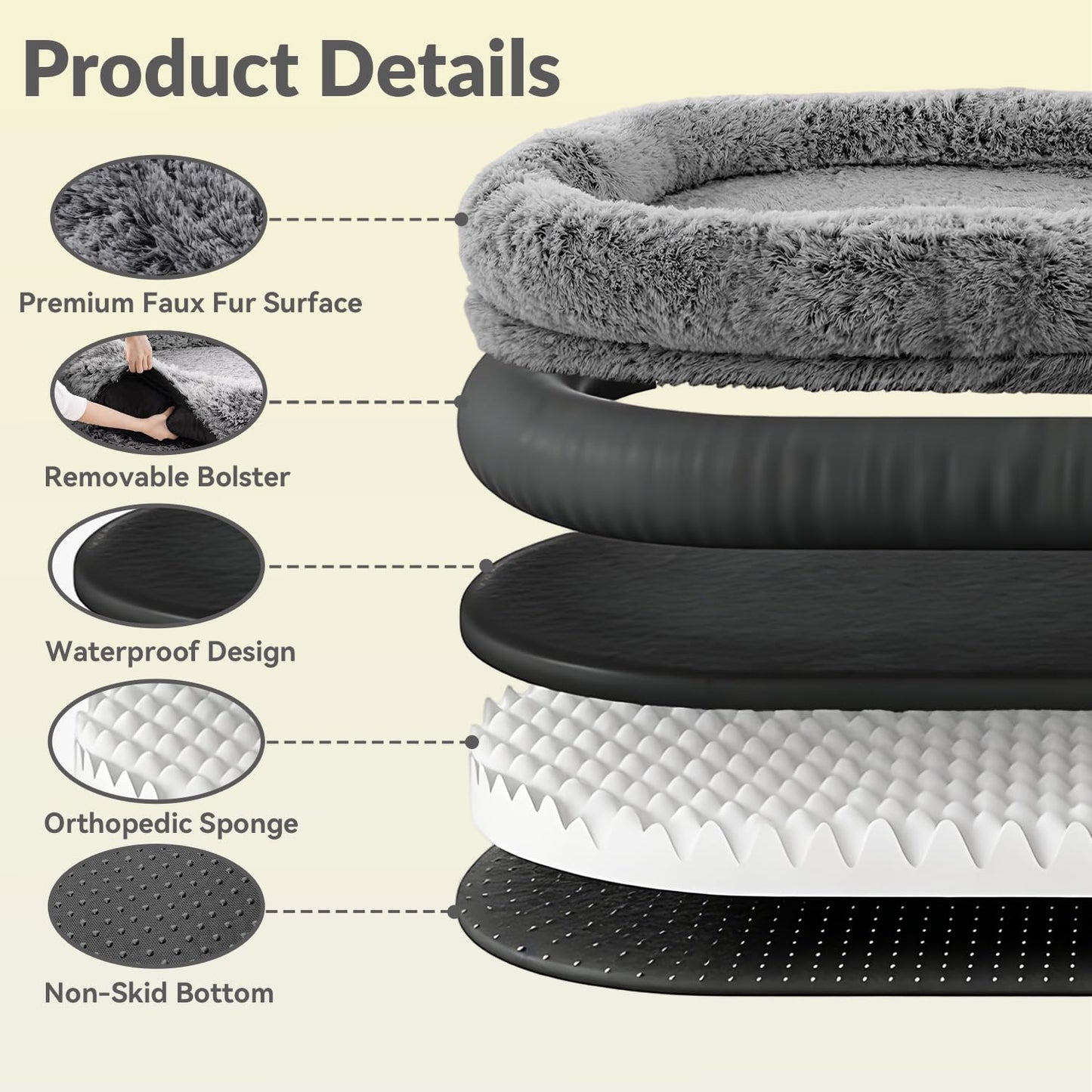 XL Human Dog Bed 71"x 44"x 12.5" Cozy Giant Floor Bed for Adults, Soft Faux Fur Human Sized Dog Bed with Washable Removable Cover, Side Pocket & Blanket, Black Grey