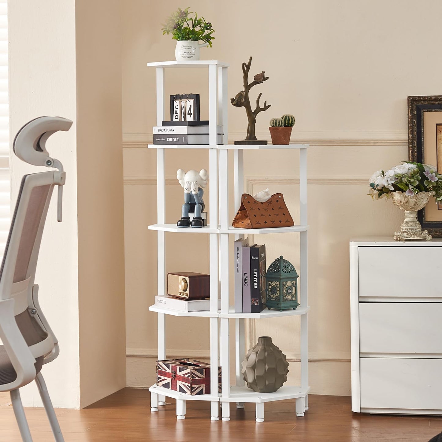 YUFAM 4-Tier Corner Shelf with Sturdy 5-Leg Base, Wooden Corner Bookshelf for Small Spaces, Corner Standing Shelf for Living Room, Bedroom, Office, White