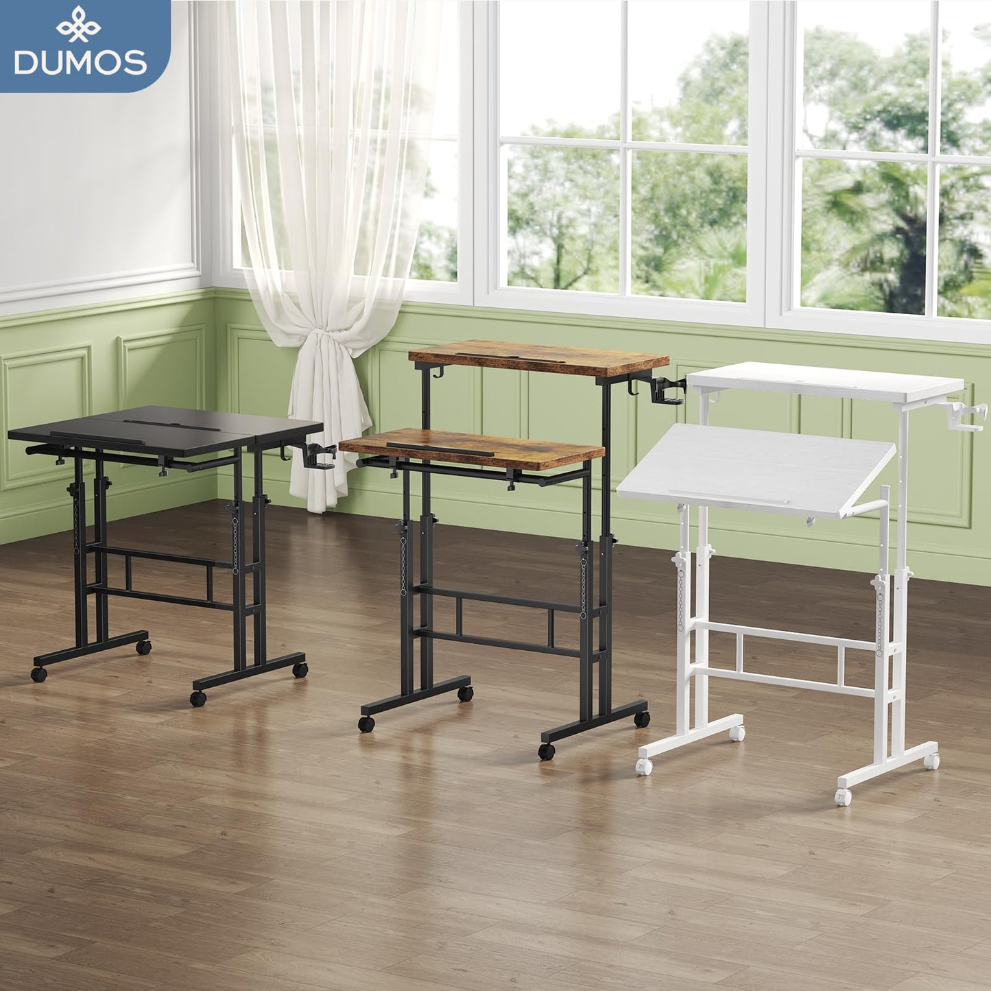 DUMOS Split Top Rolling Standing Desk 23.6 Inch Mobile Laptop Workstation Manual Height Adjustable Sit Stand Office Table Walking Pad Study Surface Portable Home Office Computer Cart Rustic Brown