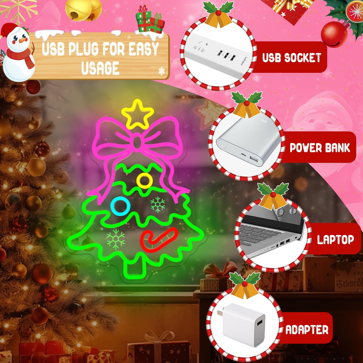 Christmas Neon Sign Pink Bow Christmas Tree Neon Sign for Wall Decor Xmas Tree Led Sign with Star Candy Neon Light Up Signs for Bedroom Window Holiday Door Xmas Party Home Decoration Winter Porch