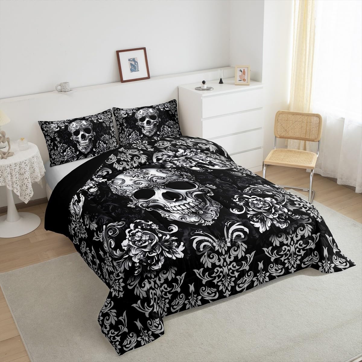 Castle Fairy Sugar Skull Duvet Cover Set Twin Size for Kids Teens Boys,Damask Floral Bedding Sets Girls Women Gothic Style Room Decor,Black Grey Ombre Flower Quilted Duvet 2Pcs 1 Pillowcase