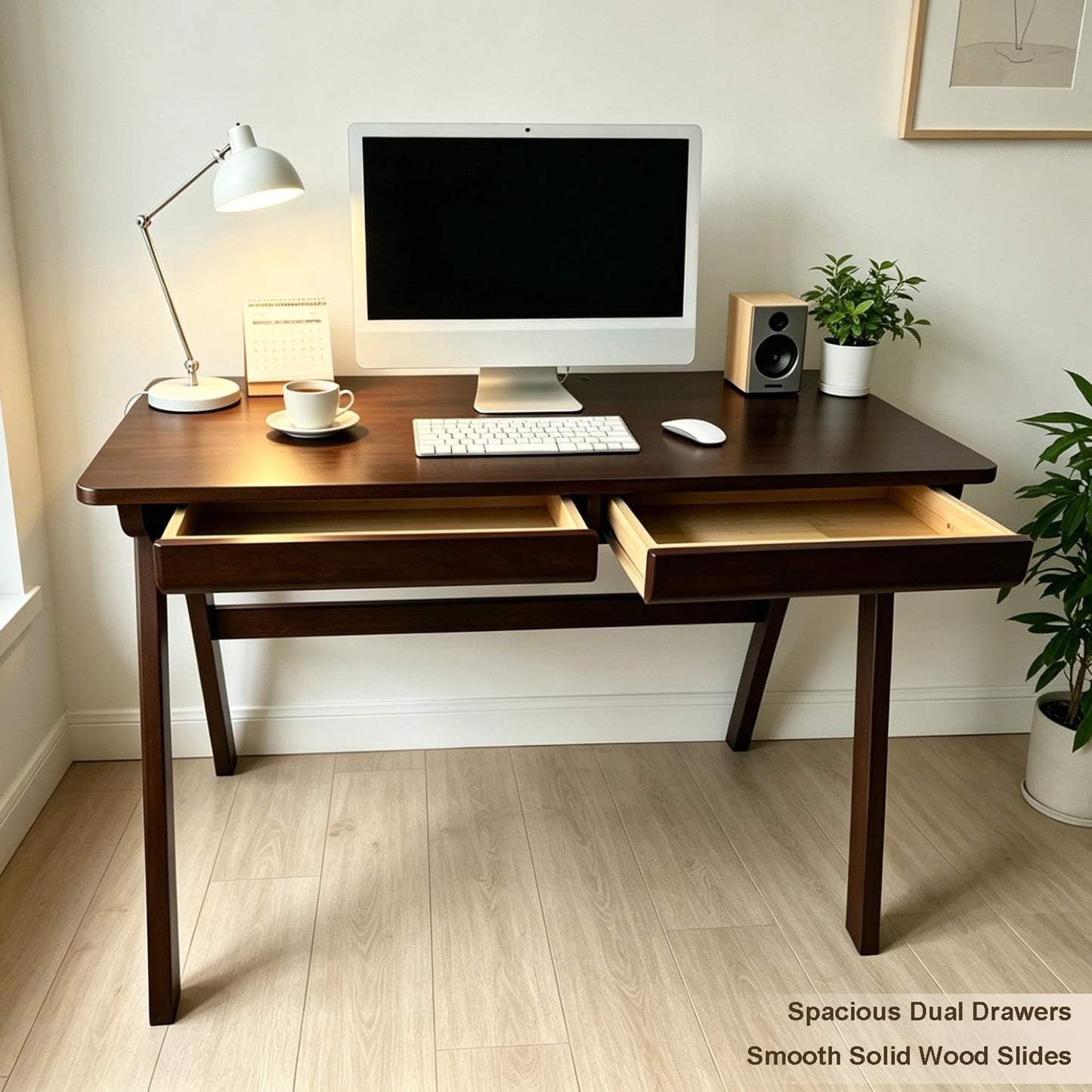 Kelvorvin Solid Wood Desk with Drawers, Computer Desk for Home Office, Small Writing Desk for Bedroom & Small Spaces, Sturdy A-Frame, Easy Assembly (Walnut Color, 39inch)