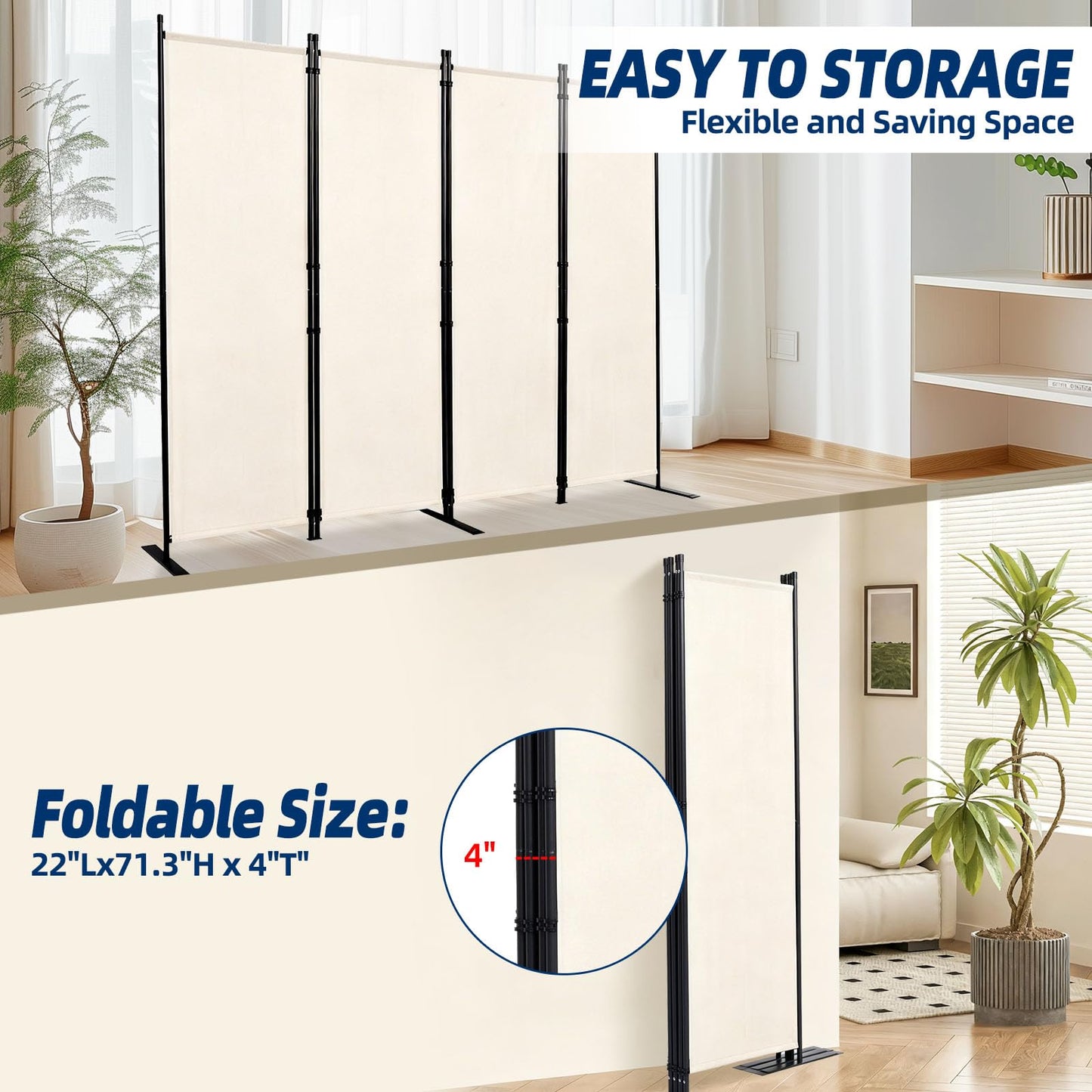 Room Divider and Folding Privacy Screens, 4 Panel 88in Wide Room Divider Wall Screen for Room Separtition, Partition Room Dividers Fabric Panel Wall Dividers for Office, Bedroom, Studio Dorm, Beige