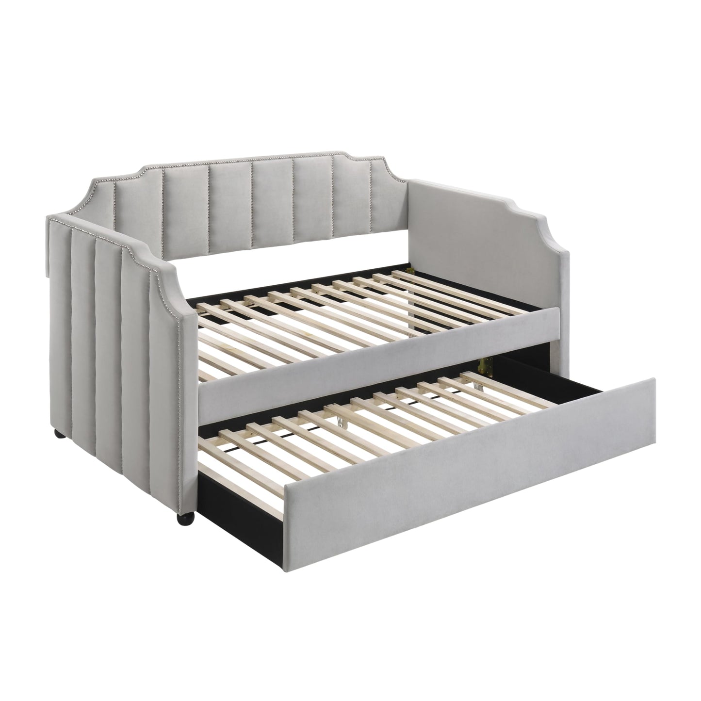 KOYVRY Twin Daybed with Trundle - Upholstered Twin Daybed with Horizontal Tufting and Nailhead Trim, Velvet Daybed with Arched Frame and 28 Wooden Slats, Twin Day Beds for Adults, Gray