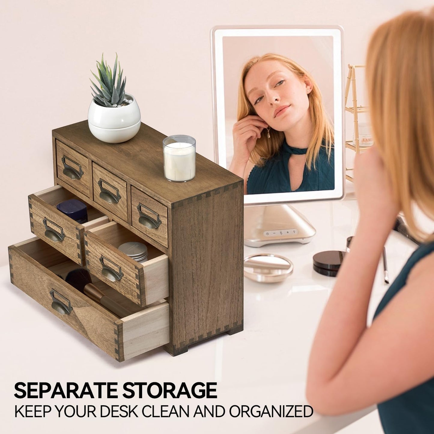 KIRIGEN Wood Desk Drawer Cabinet Organizer, 6-Drawer Mini Storage Chest with Metal Label Holder Handles, Fully Assembled Desktop Organizer for Office Supplies, Crafts, Makeup, Brown 3D6CG-DBR