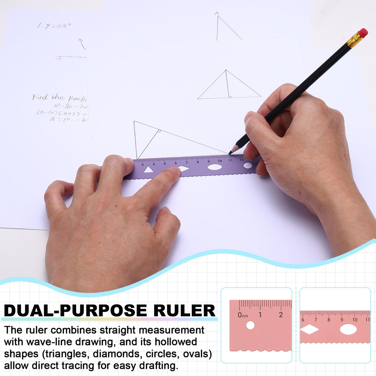 PATIKIL Geometry Set, 2 Pack 8 Inch Aluminum Ruler & 4 Triangles, Metal Protractor Ruler Math Drafting Measuring Tool for Home Office Math Drawing Engineering Art,Gradient Purple