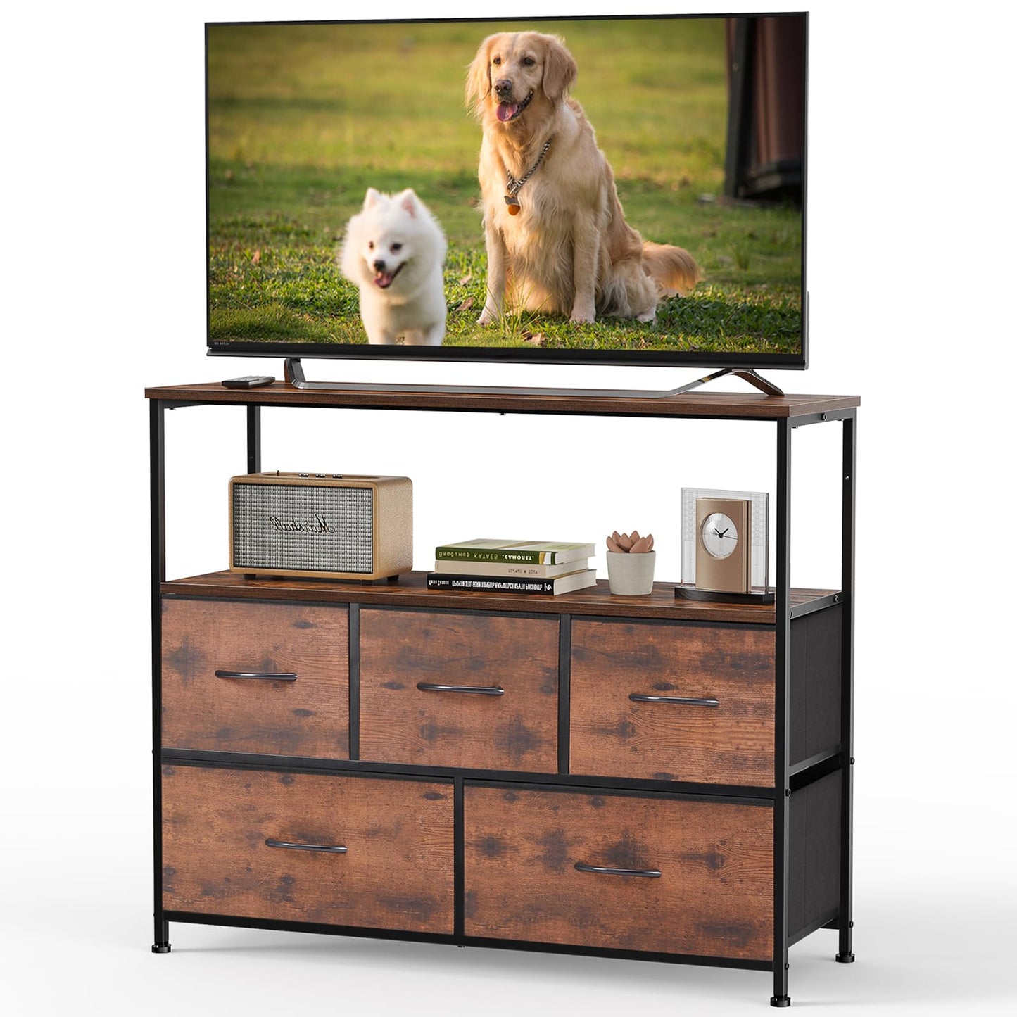 DUMOS TV Stand, Dresser with 5 Fabric Storage Drawers, Media Console Featuring Open Shelf for TV, Compact Entertainment Unit for Bedroom, Living Space, or Dorm Organization, Brown