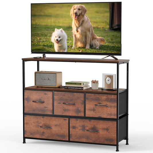 DUMOS TV Stand, Dresser with 5 Fabric Storage Drawers, Media Console Featuring Open Shelf for TV, Compact Entertainment Unit for Bedroom, Living Space, or Dorm Organization, Brown