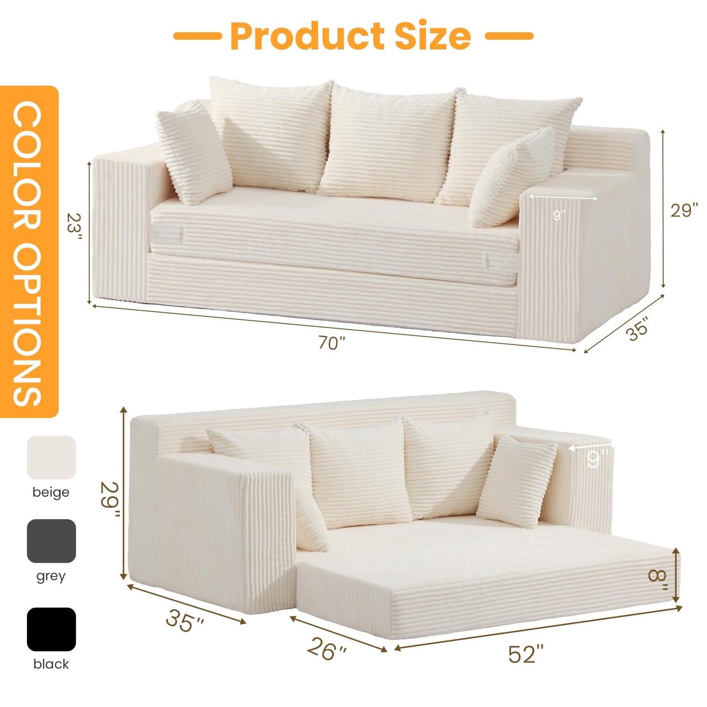 Winzoo Boneless Couch 70 inch, 3 Seater Couch with Pull Out Bed, Boneless Loveseat Oversize Beige Futon Couch Floor Bed with 5 Pillows for Living Room Bedroom Lounge Small Space
