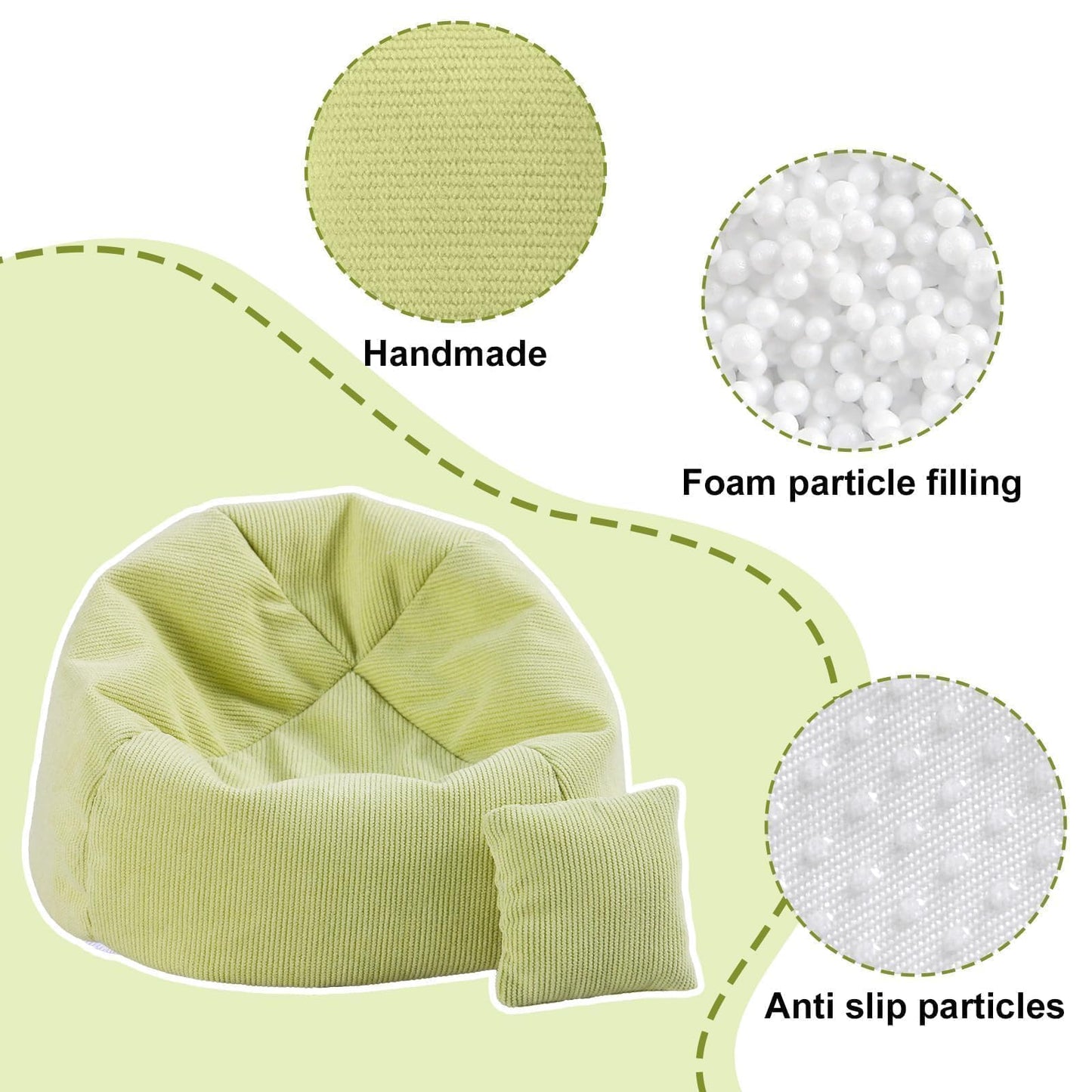 Doll Car Seat Compatible with Labubu, Handmade Bean Bag Chair for 5.9-6.7 inch Doll, Anti-Slip Bottom, Cute Doll Accessories for Display, Fans&Collectors Gifts, Durable Corduroy Fabric (Light Green)