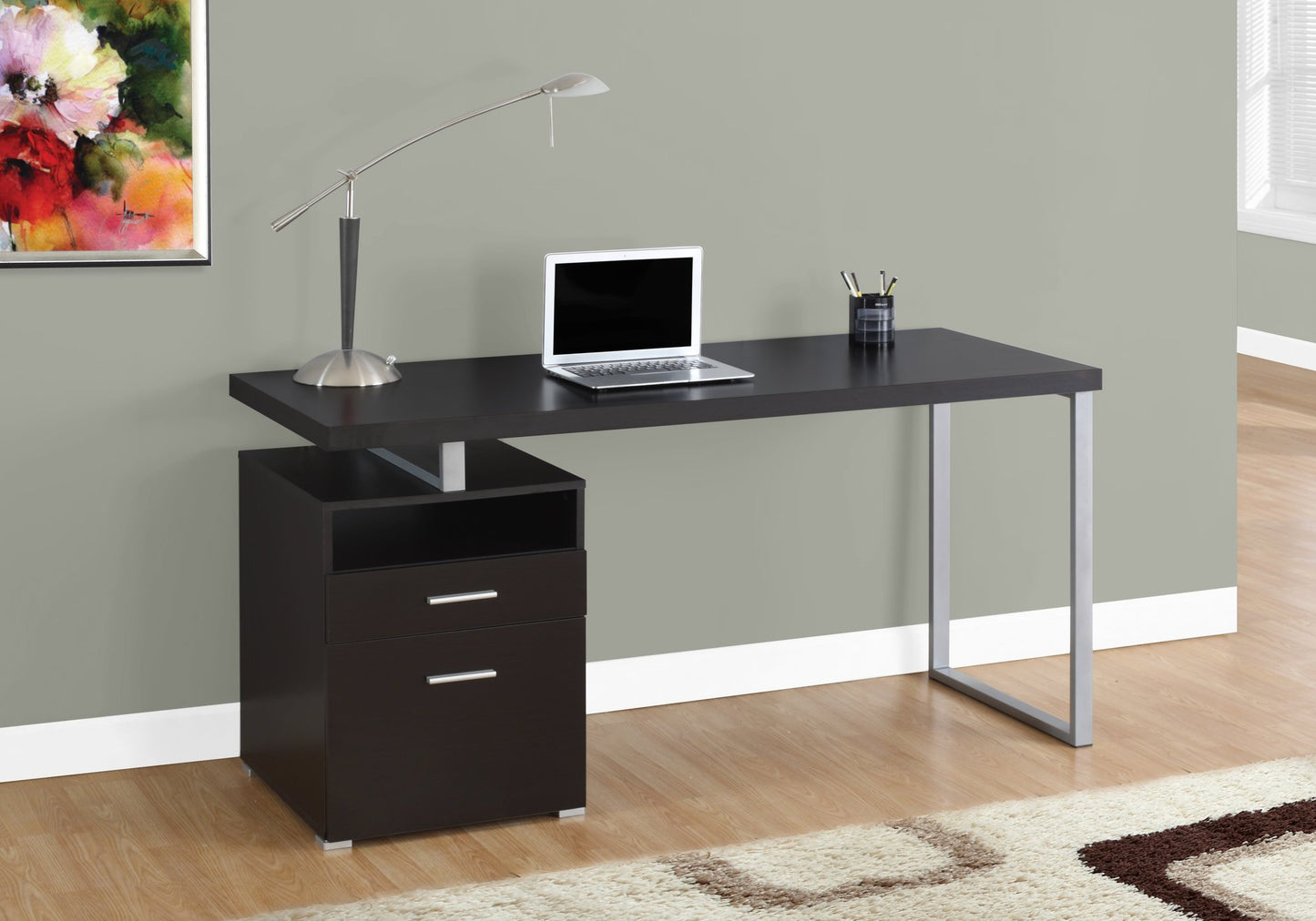 Monarch Specialties I 7145 Computer Writing Desk for Home & Office Laptop Table with Drawers Open Shelf and File Cabinet-Left or Right Set Up, 60" L, Cappuccino