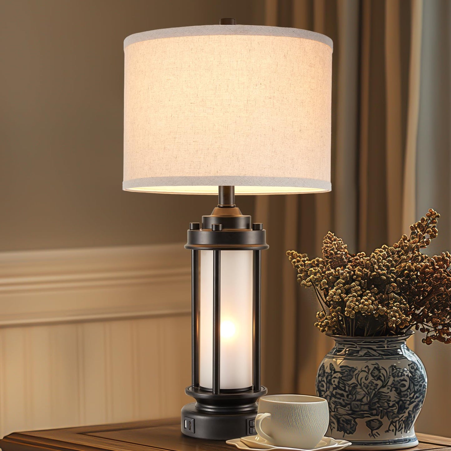 AIEAMPDO 25'' Set of 2 Modern Table Lamps for Bedroom with 2 USB C+A Ports
