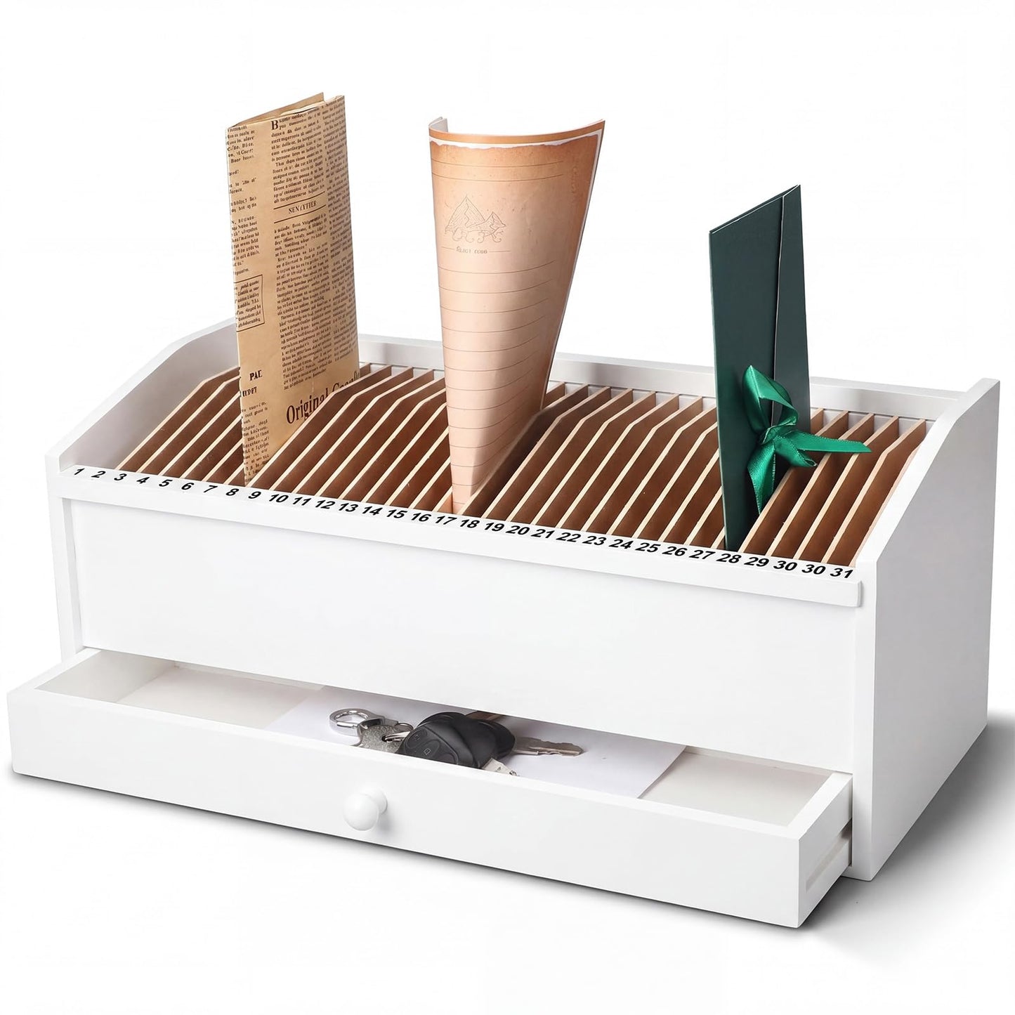 Teecyhooo Wood Desktop Organizer with Drawer, 17 Inch 32 Section Bill & Mail & File Organizer Storage for Office Desk, Desktop Mail Holder and Office Supplies Storage, Letter and Paper Sorter (White)