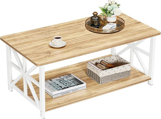 GreenForest Coffee Table with Round Corner, Farmhouse Center Table with 2-Tier