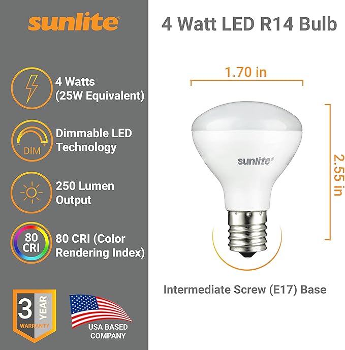 Sunlite LED R14 Mini Flood Light Bulbs, 4 Watts, 250 Lumens, Intermediate Base