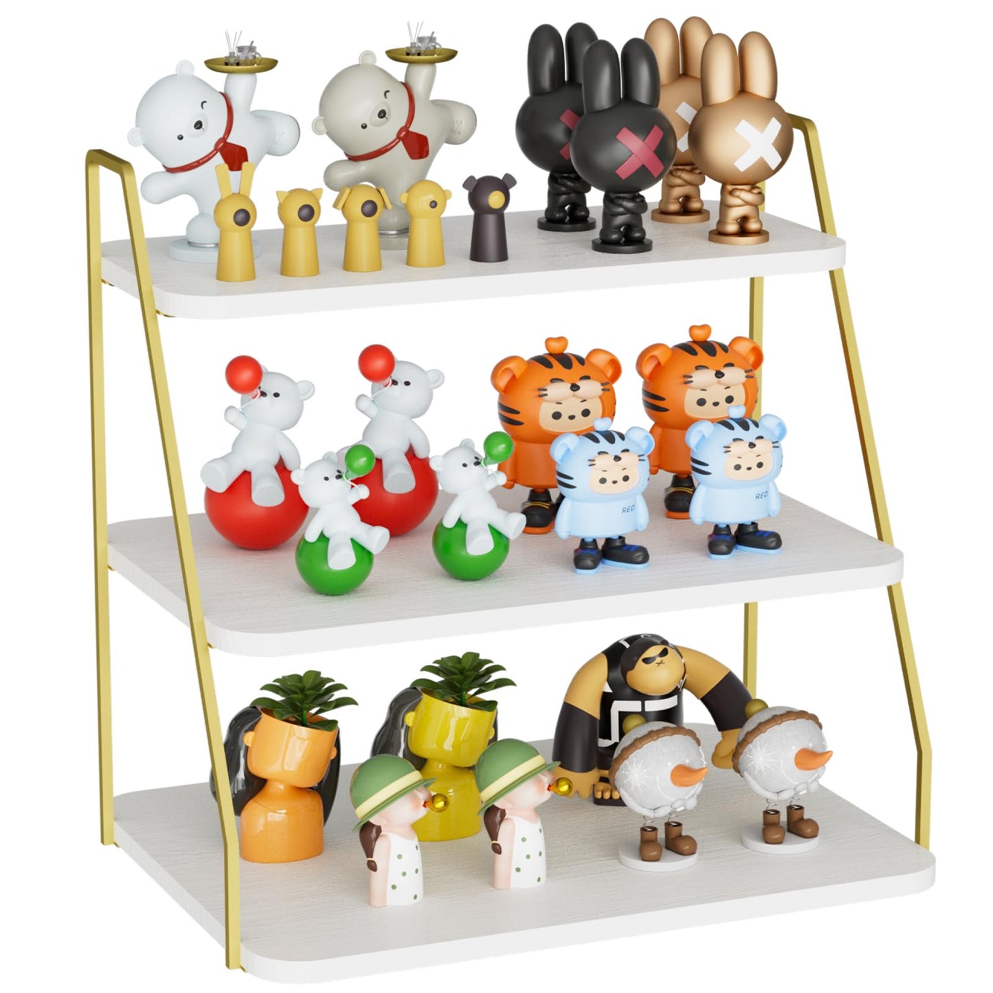 VyGrow three-layer Wooden Display Stand, Perfume Storage Rack, Party Display table, Figure and Collectibles Display Stand, Decorative and Storage Shelf (White and Gold)