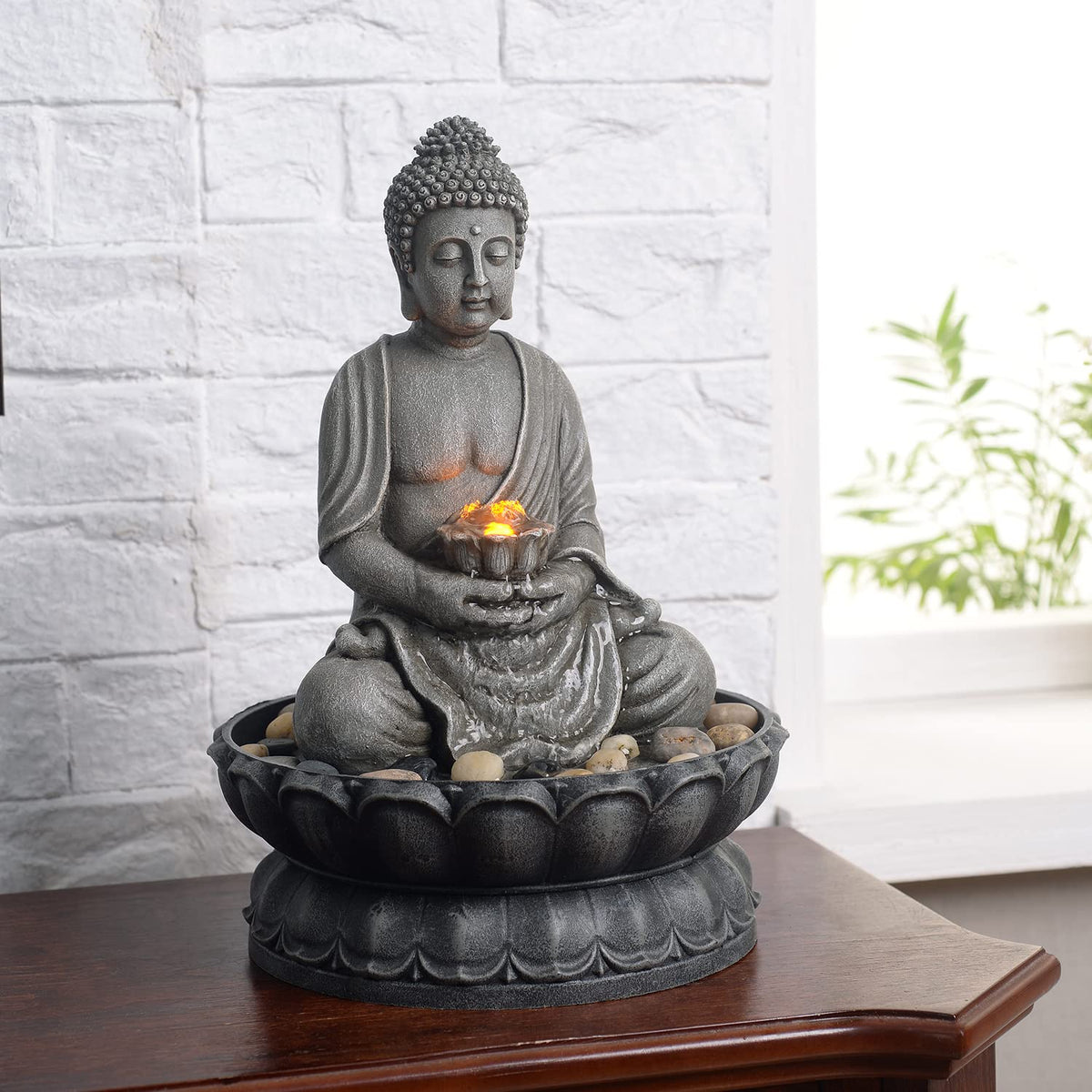GOSSI 11.2 Inch Tall Indoor Tabletop Buddha Fountain with Reflective Lighting and Cobblestone Base, Zen Desk Water Fountain for Office and Home Decor