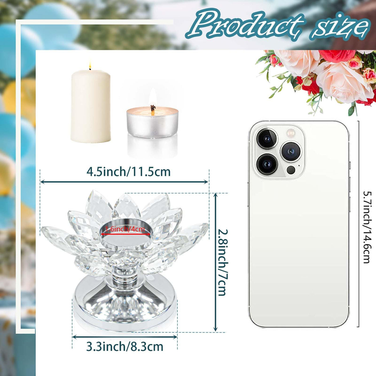 1 PC Silver Crystal Flower Tea Light Holder, Glass Tealight Candlestick with Metal Base, Votive Candle for Table Centerpiece, Wedding/Parties Decor, Nice Gift