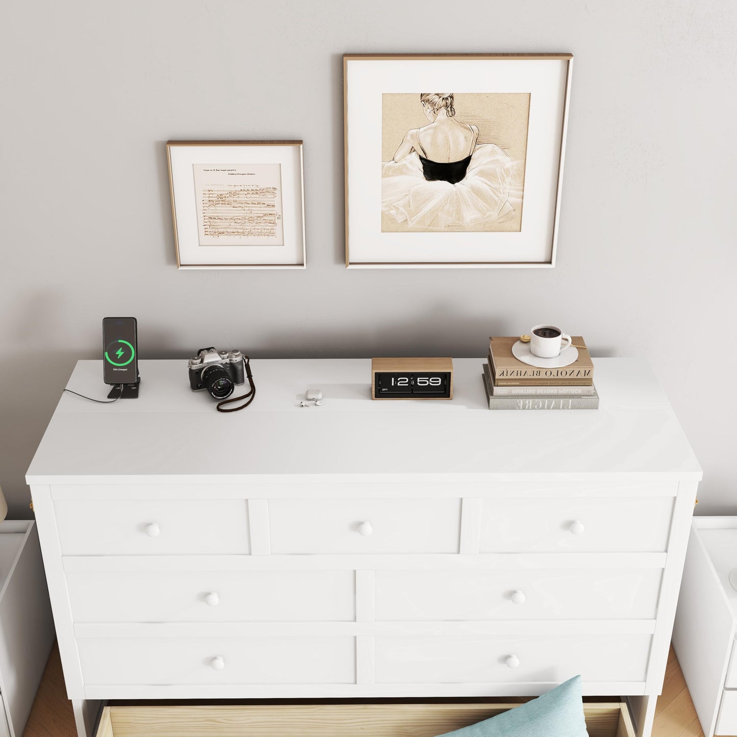KEIKI Queen Murphy Bed Cabinet with Storage Drawer and Charging Station, USB Port, Solid Pine Murphy Bedframe for Home Office, Studio or Guest Room,White