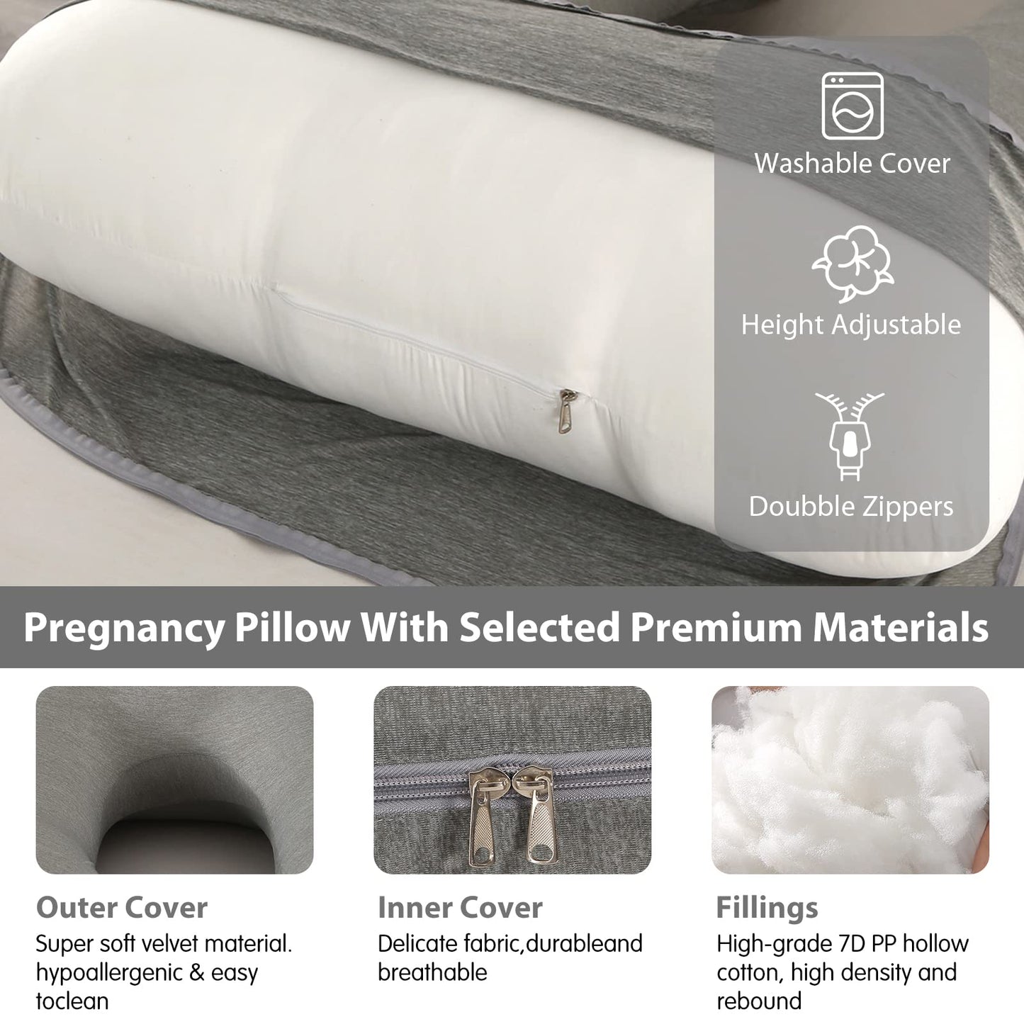 Elover Cooling Pregnancy Pillows for Sleeping,U Shaped Full Body Pillow with Removable Cover,Pregnant Women Must Haves,Maternity Essential,Black Grey