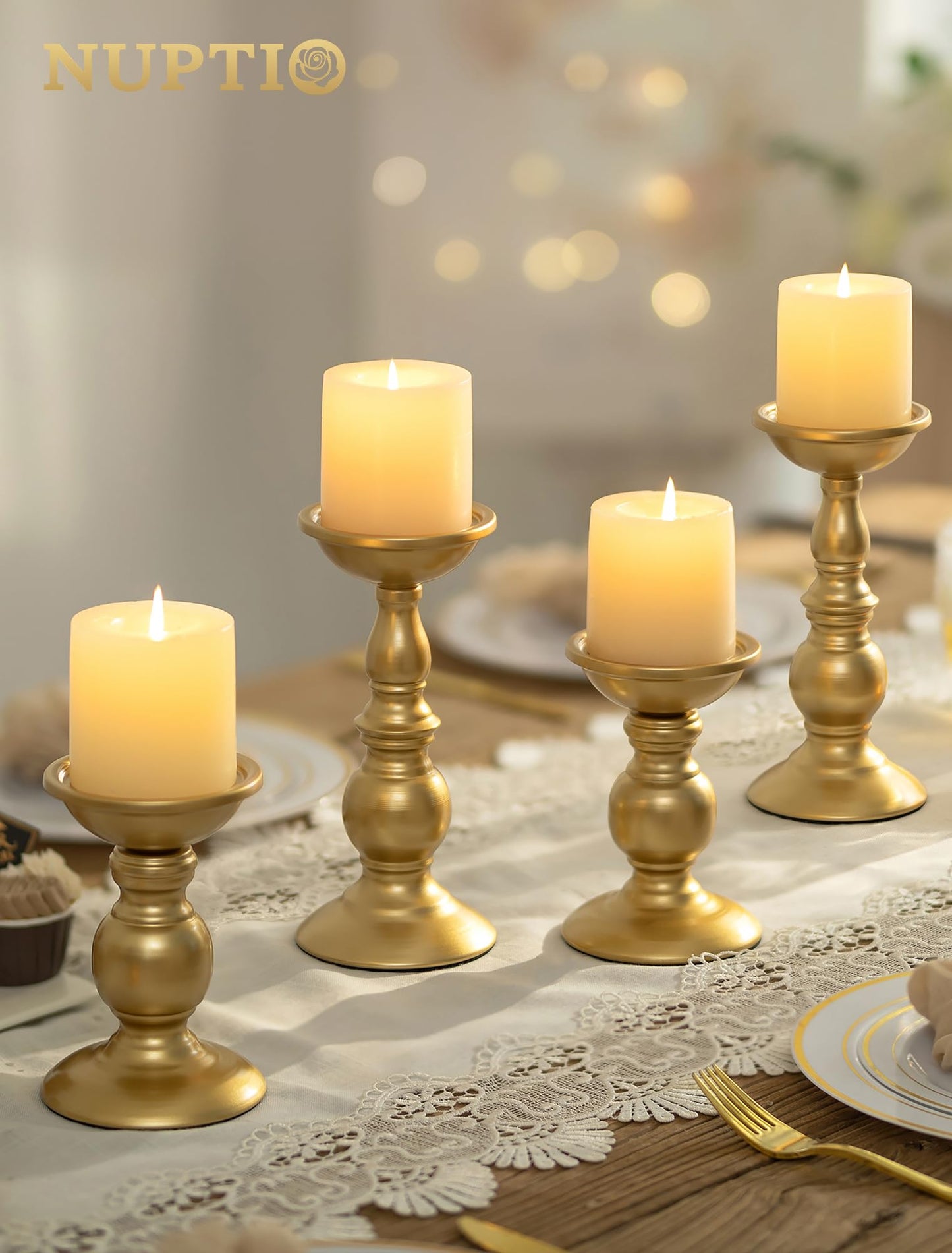 Set of 2 Gold Metal Pillar Candle Holders for 3 inches Dia Candle, Wedding Centerpieces Candlestick Holders Stand Centerpiece Decoration Ideal for Weddings, Special Events, Parties