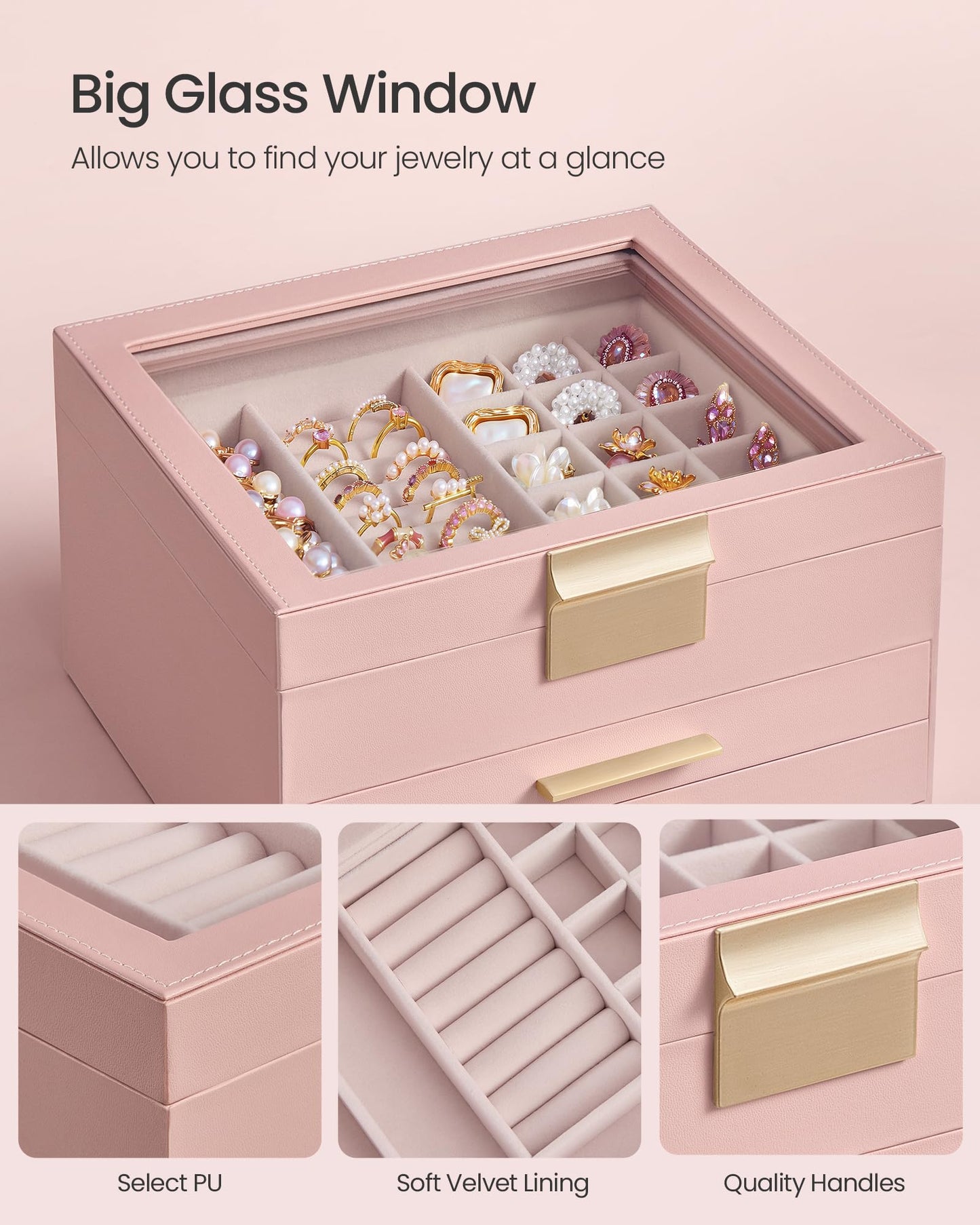 SONGMICS GISELLA Collection - Jewelry Box Organizer, 3-Layer Jewelry Storage with 2 Drawers, Shiny Metal Hardware, Glass Lid, Modern, 8 x 9.1 x 5.3 Inches, Jelly Pink and Gold Color UJBC239SA01S