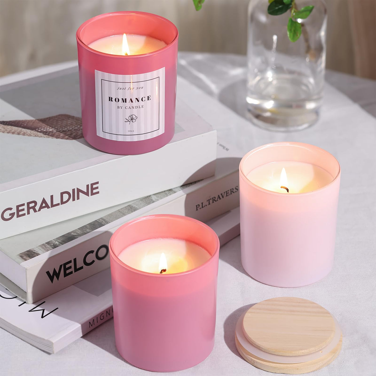 12Pcs Assorted Pink Candle Jars for Making Candles, 10oz Empty Candle Jars with Bamboo Lids and Labels, Glass Candle Jar for Candle Making Supplies, Candle Containers for DIY Gifts